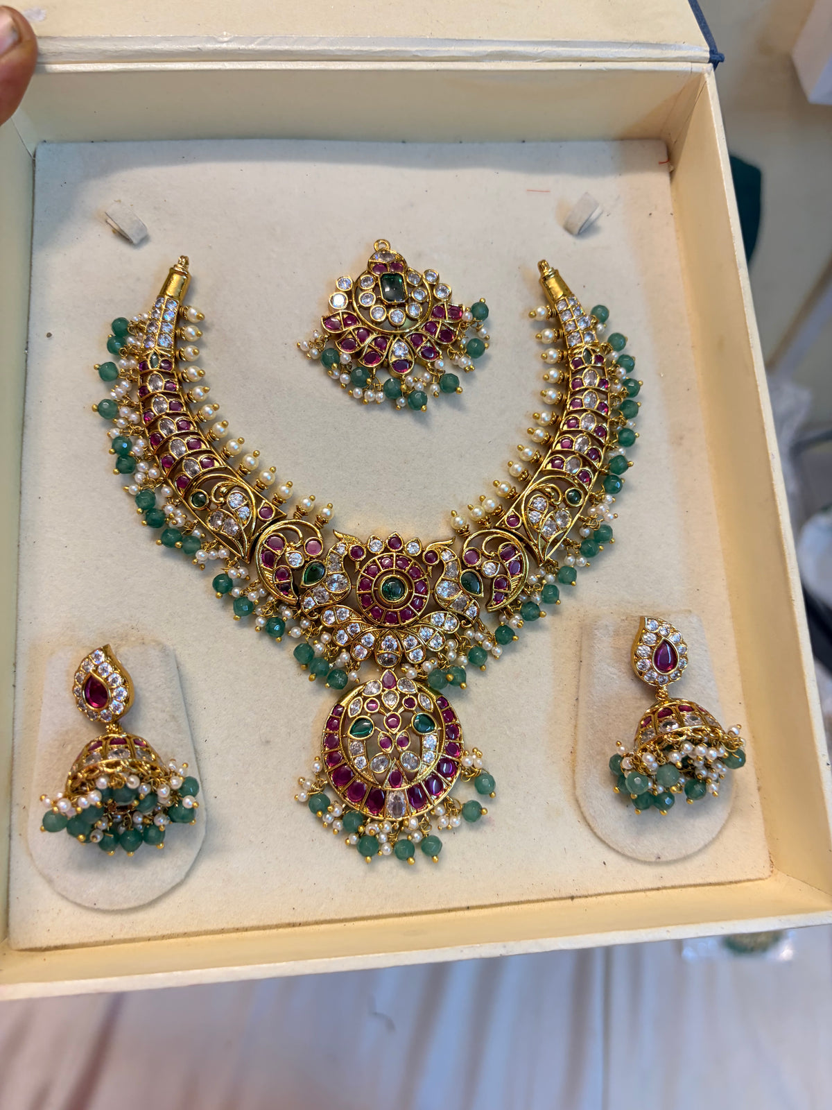 Kemp Stone Peacock detachable Necklace Set with Green Beads & Jhumka Earrings