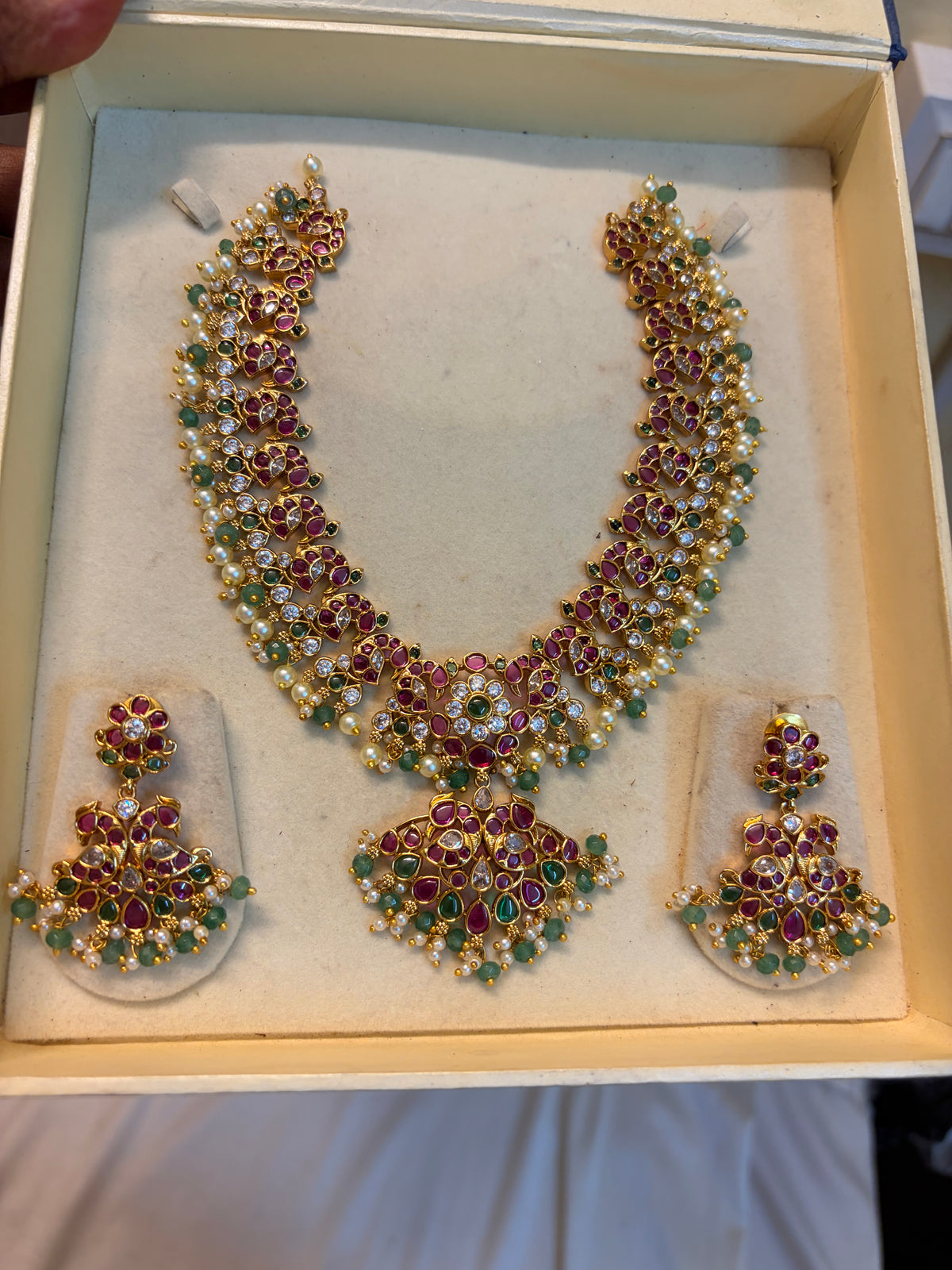 Real kemp stones peacock jadau necklace set premium quality