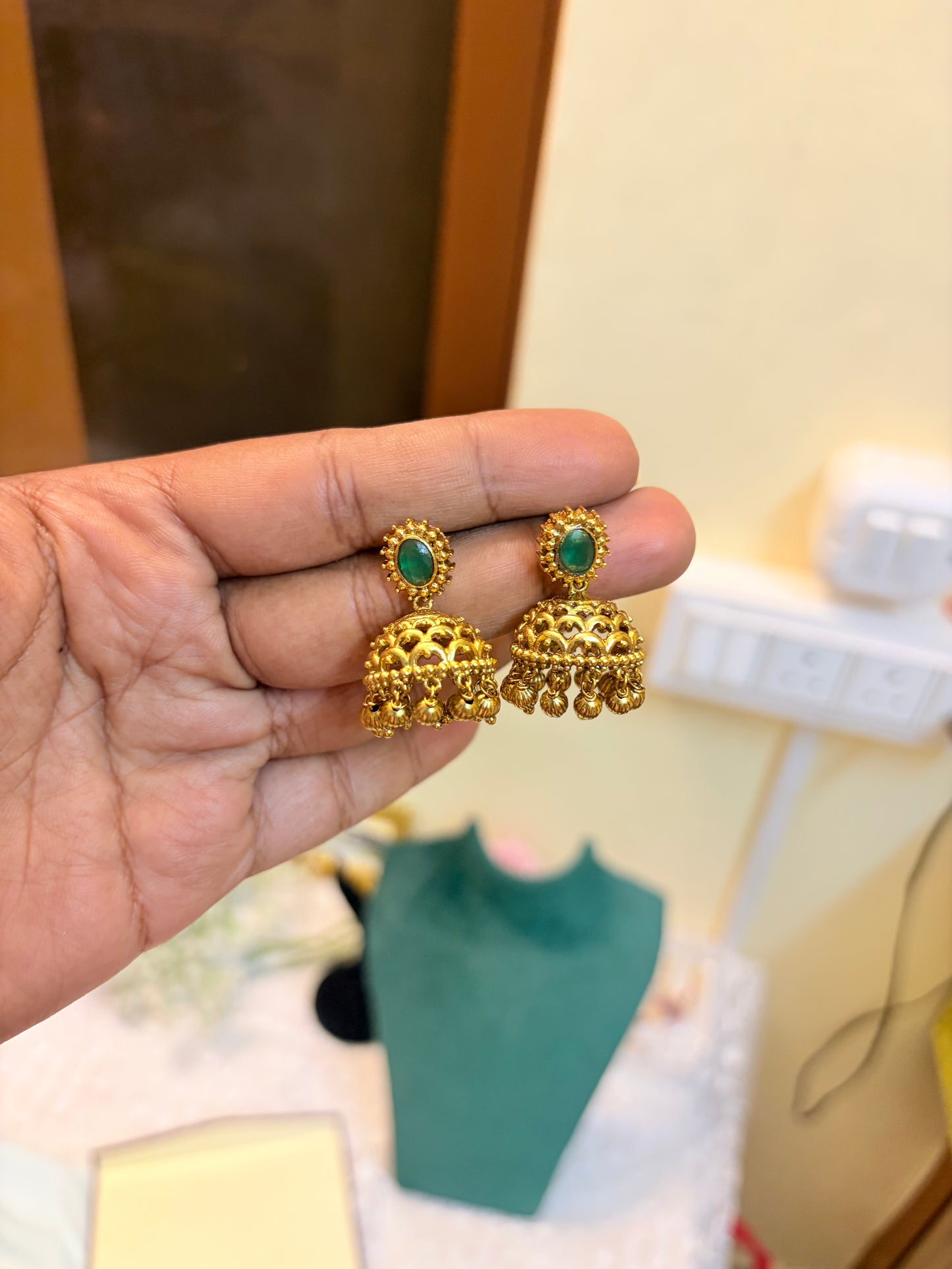Gold antique finish emerald Jhumka