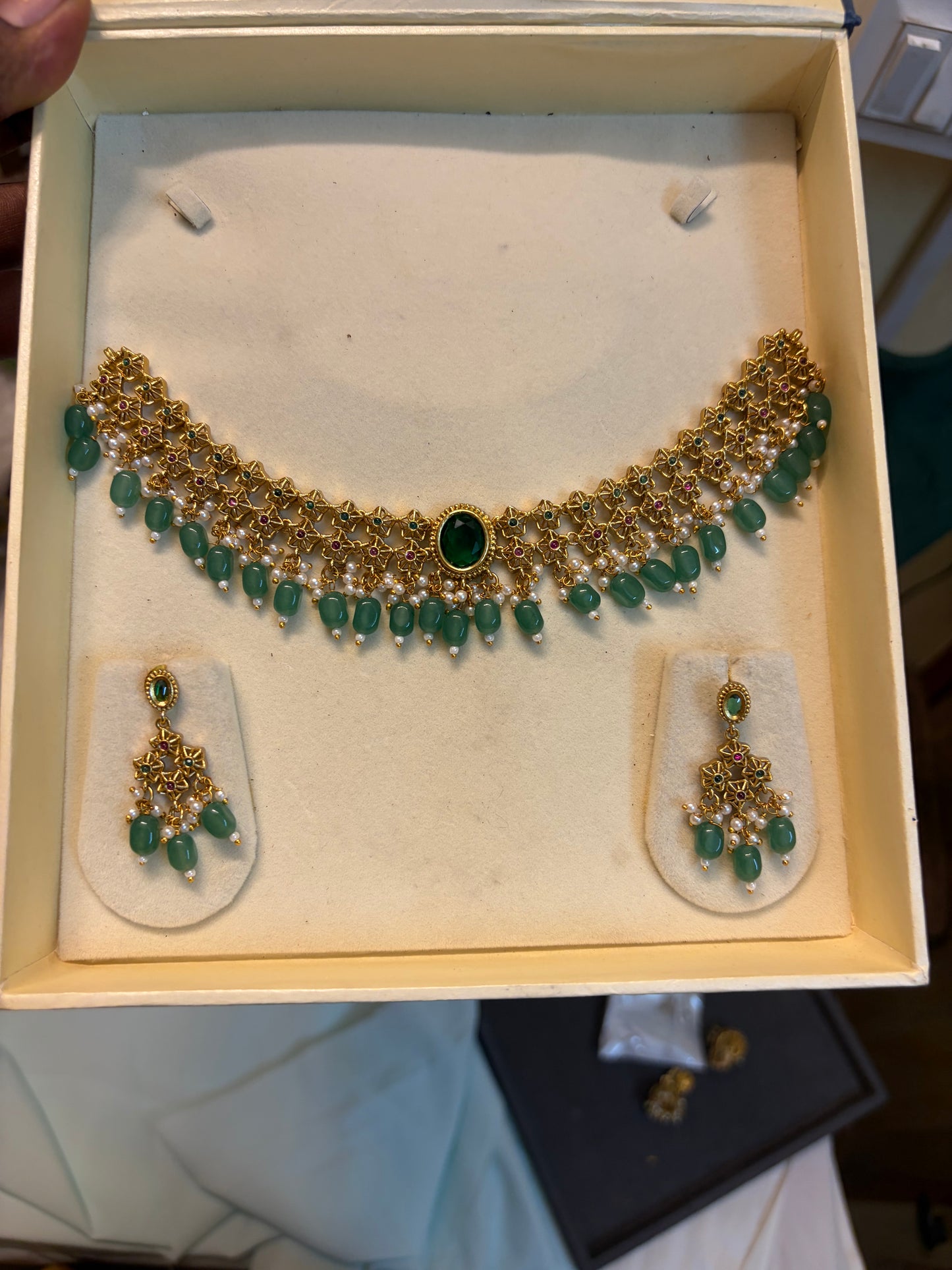 Gold antique finish choker set with strawberry beads accent