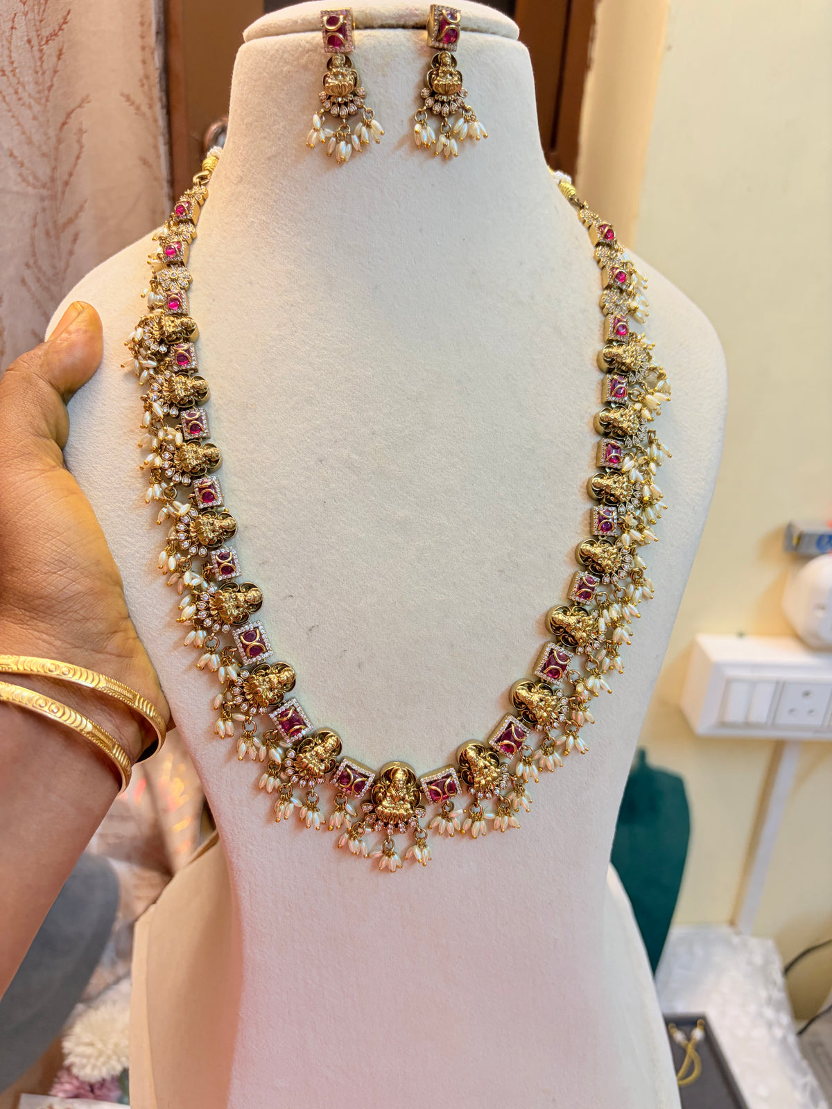 Gold antique finish jadau Lakshmi haram