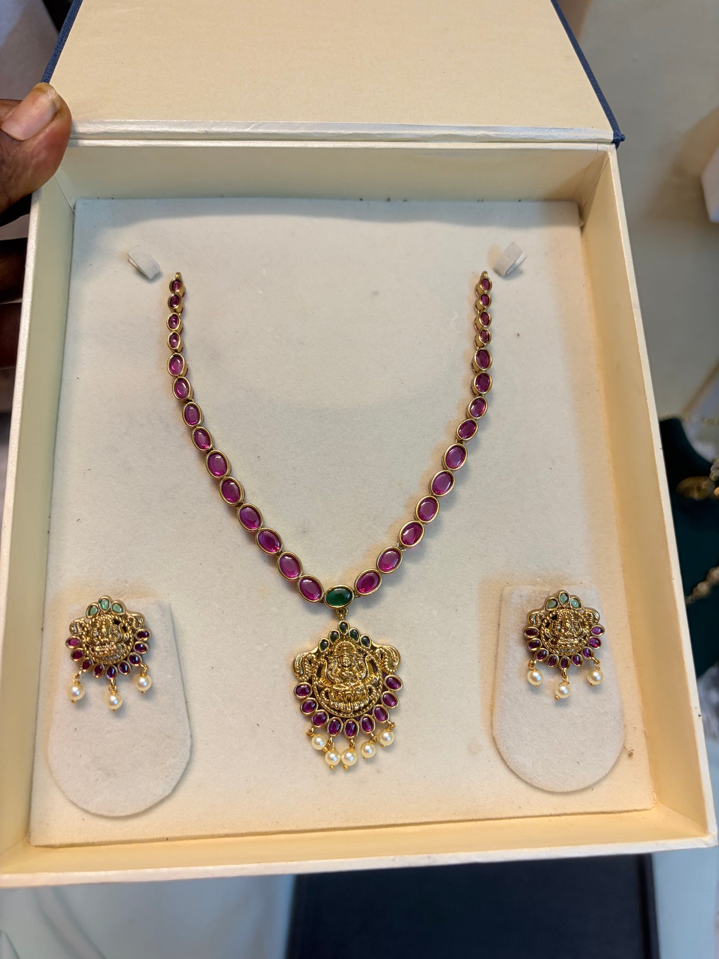 Real kemp stones jadau necklace set with Lakshmi pendant