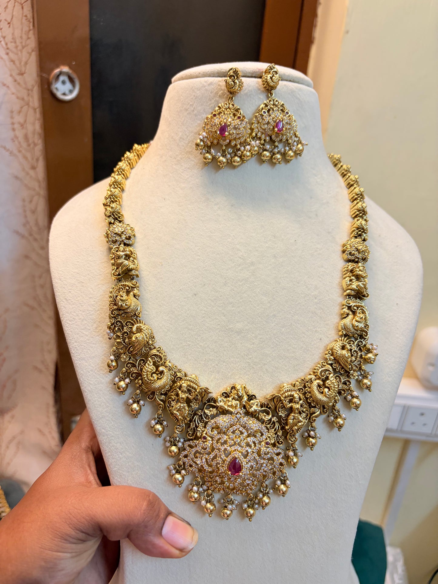 Gold Nakshi jadau Cz stone pendant semi haram