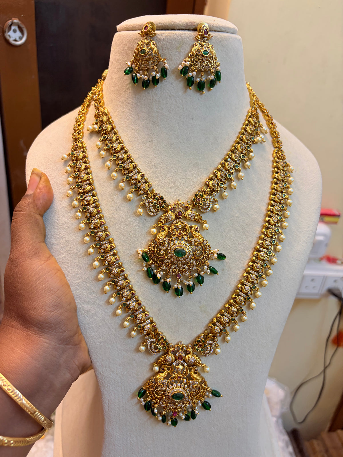 Gold antique finish jadau Cz stones combo set premium quality