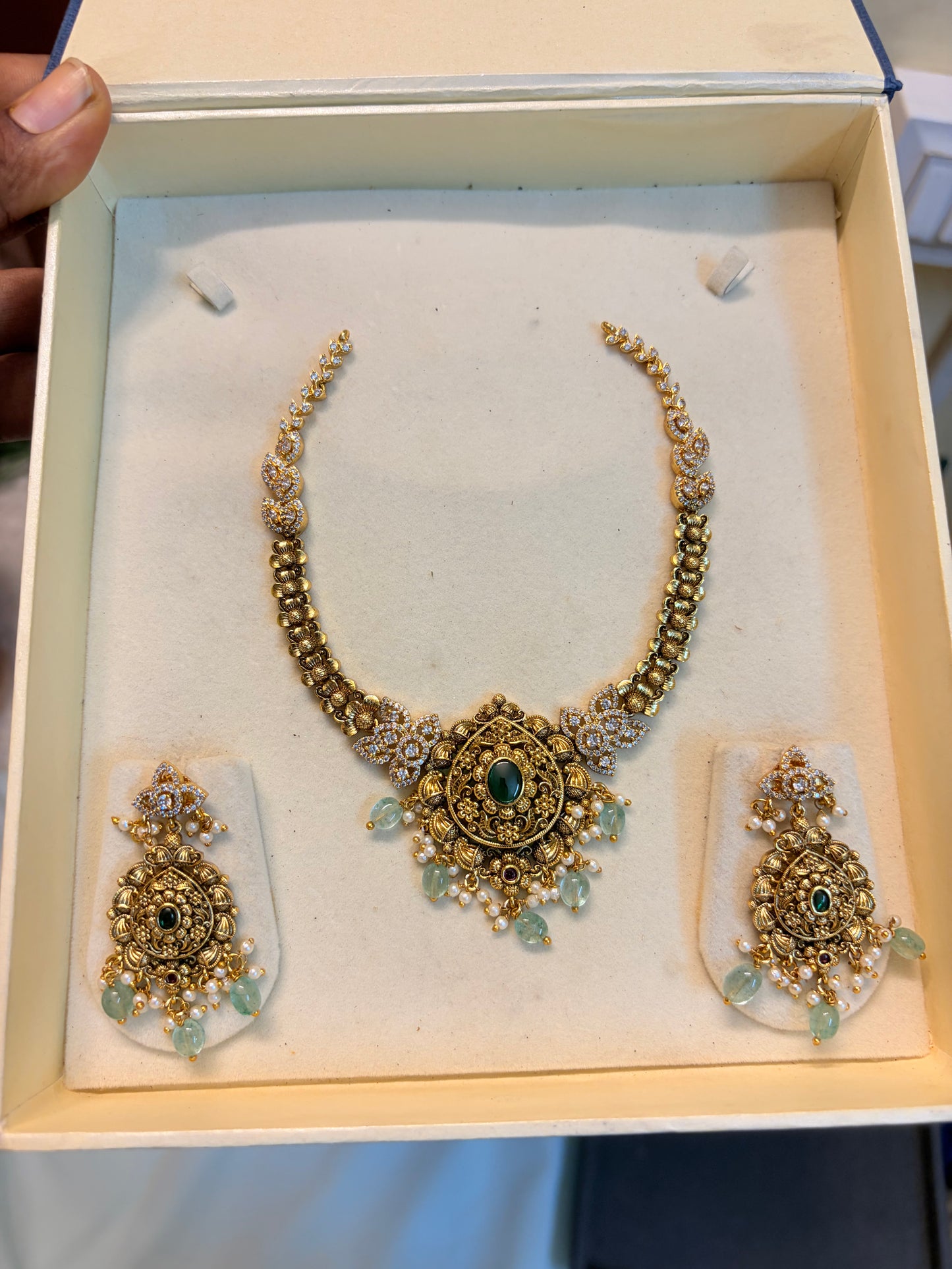 Antique Nakshi finish Cz jadau necklace set