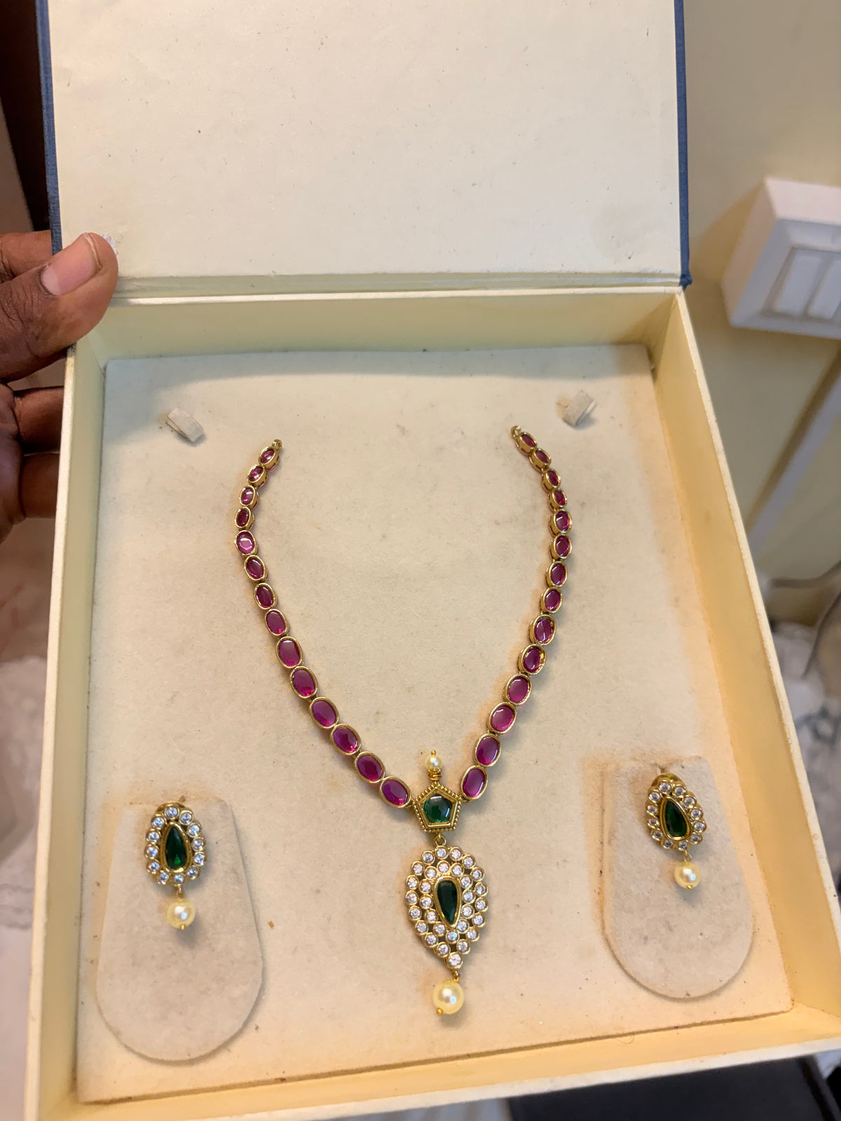 Real kemp stones jadau necklace set premium quality