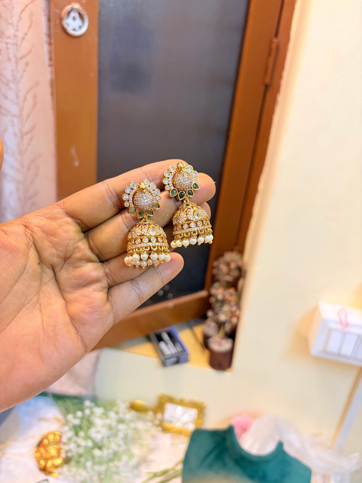 Cz stone peacock Jhumka