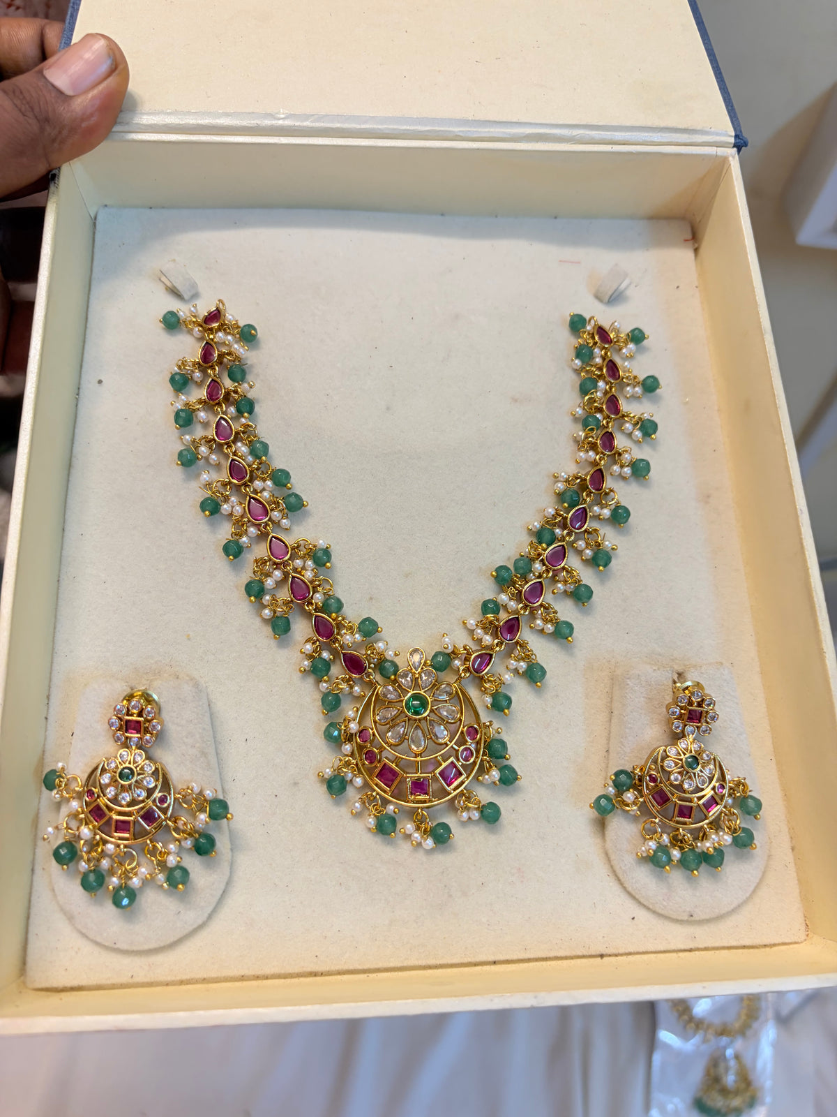Ruby Green Beaded KundanNecklace Set with Matching Earrings