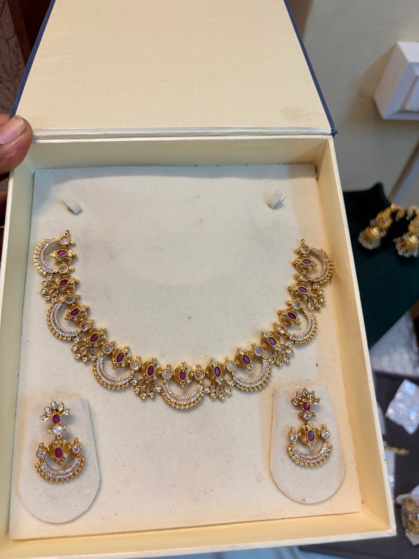 Elegant Half moon Ruby Cz necklace set