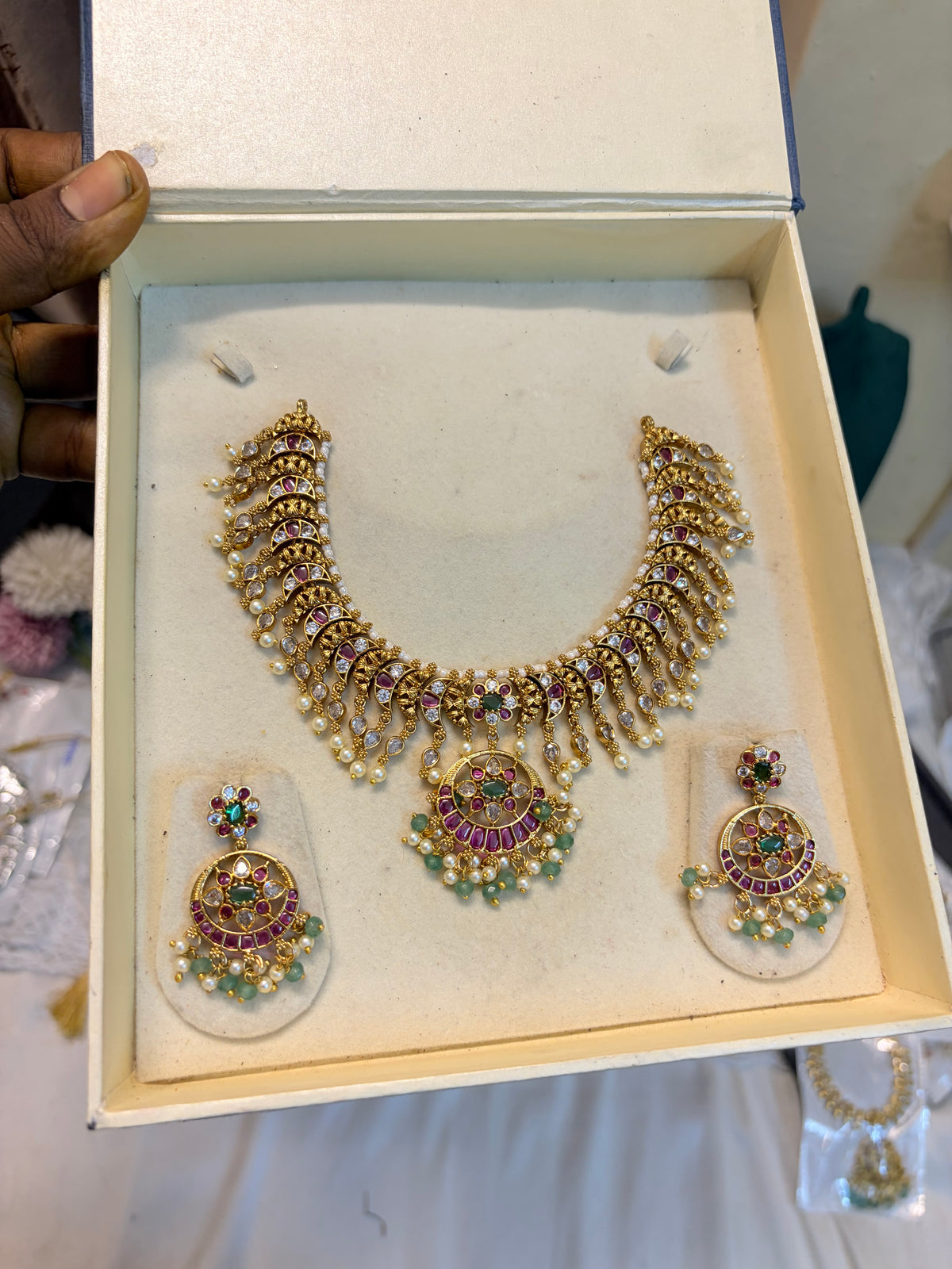 Classic Kemp Stone Chandbali Necklace Set with Pearl & Green Bead Drops