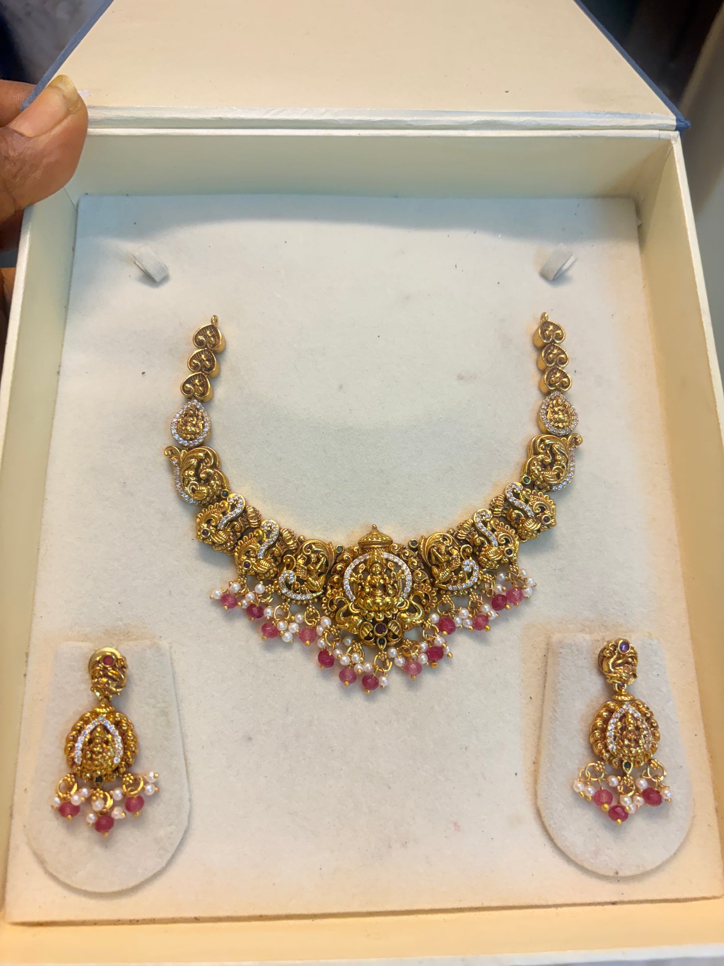 Gold Nakshi jadau necklace set with red beads