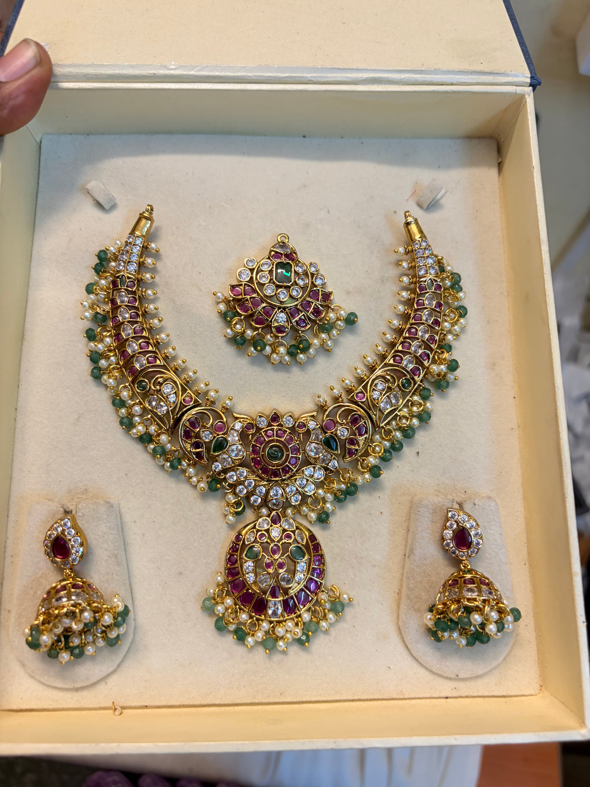 Real kemp stones jadau necklace set premium quality with detachable pendant