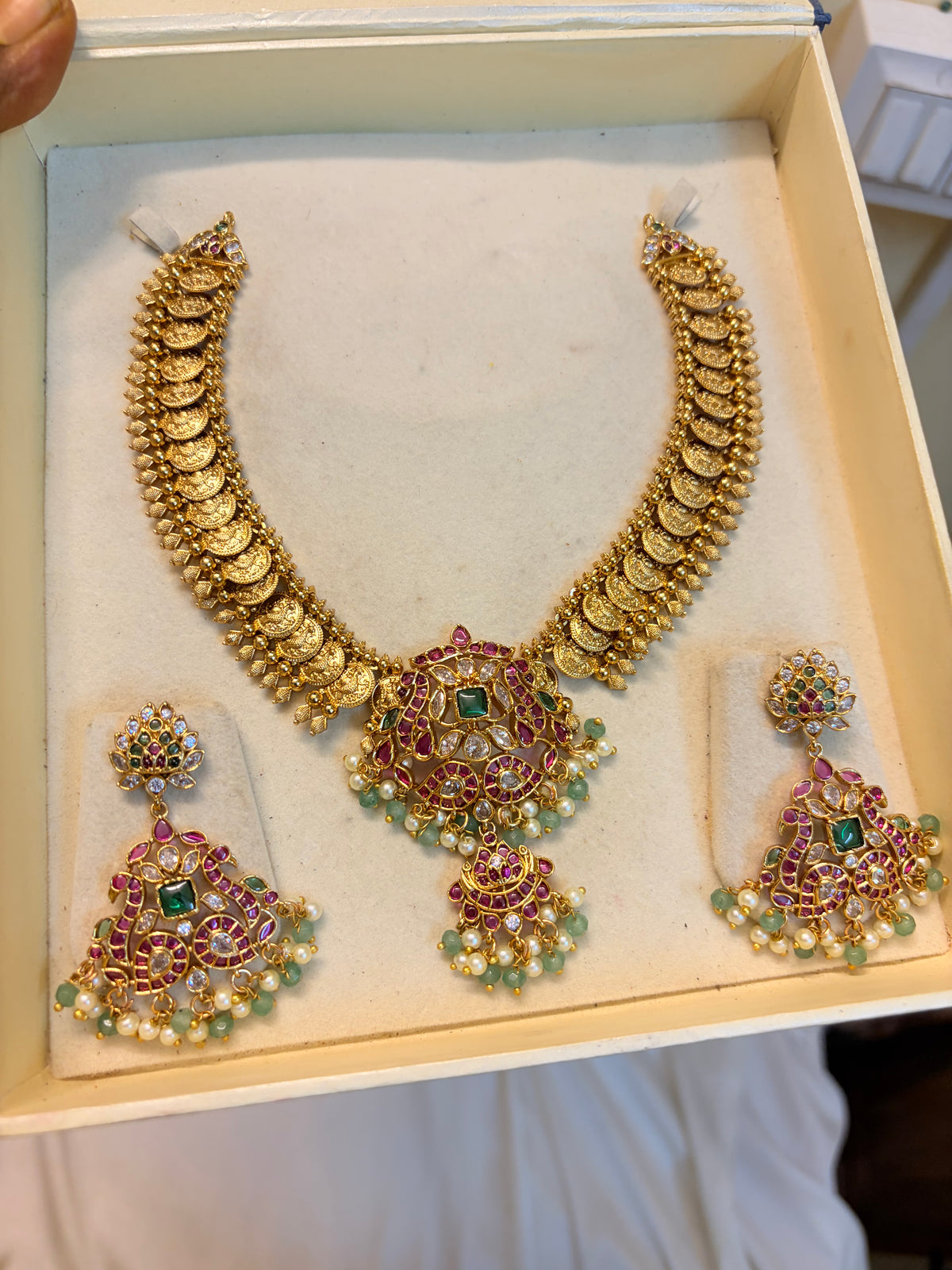 Gold antique kemp stones jadau necklace set