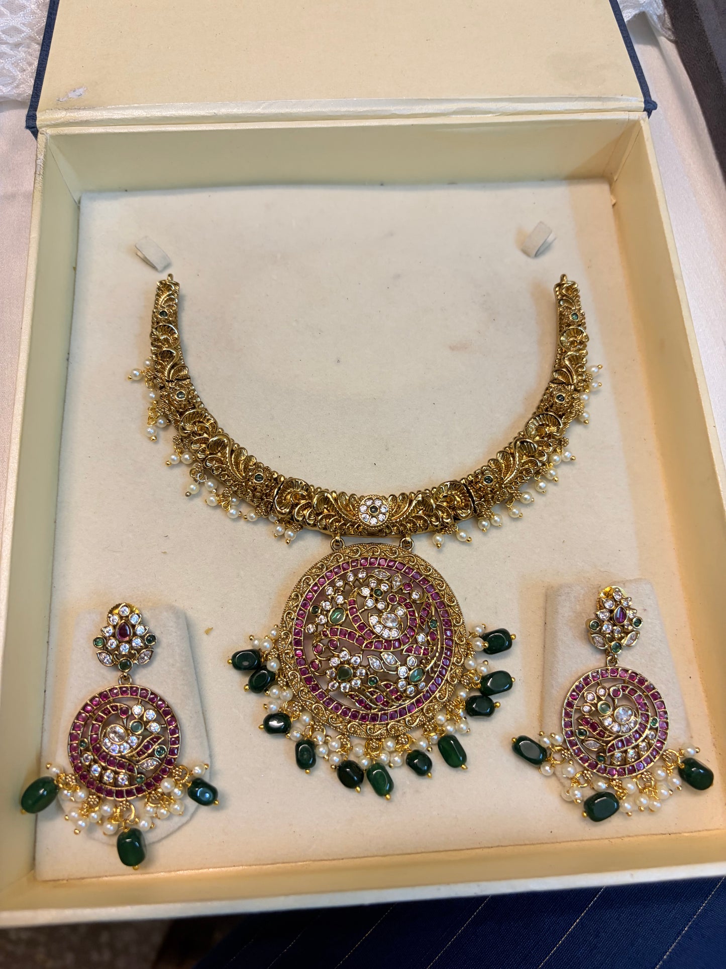 Gold Nakshi jadau kemp stones Kanti necklace set