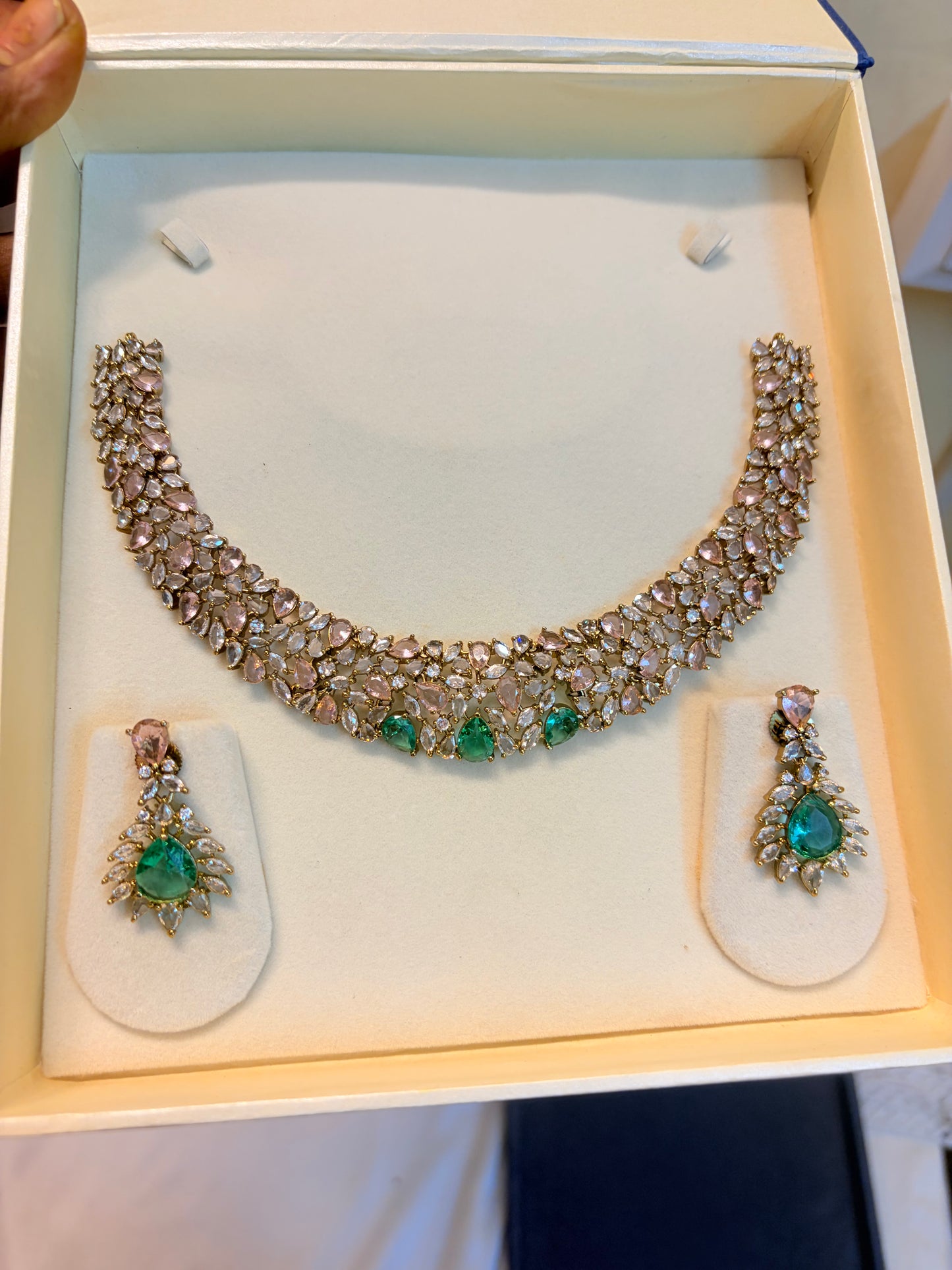 Blush pink & Mint green Crystal jadau necklace set