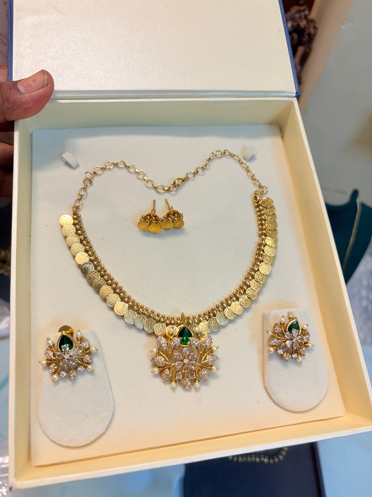 Lakshmi coin necklace set with Cz stone floral motif pendant set