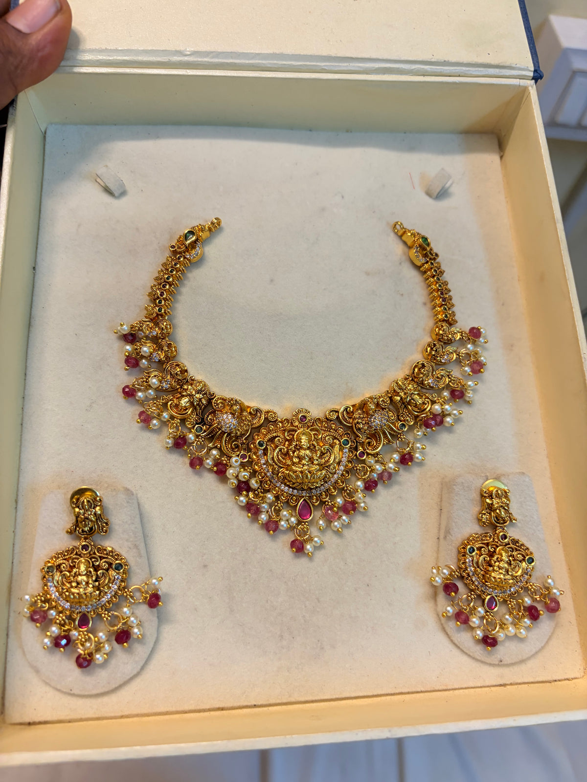 Gold Nakshi jadau necklace set with red beads accents