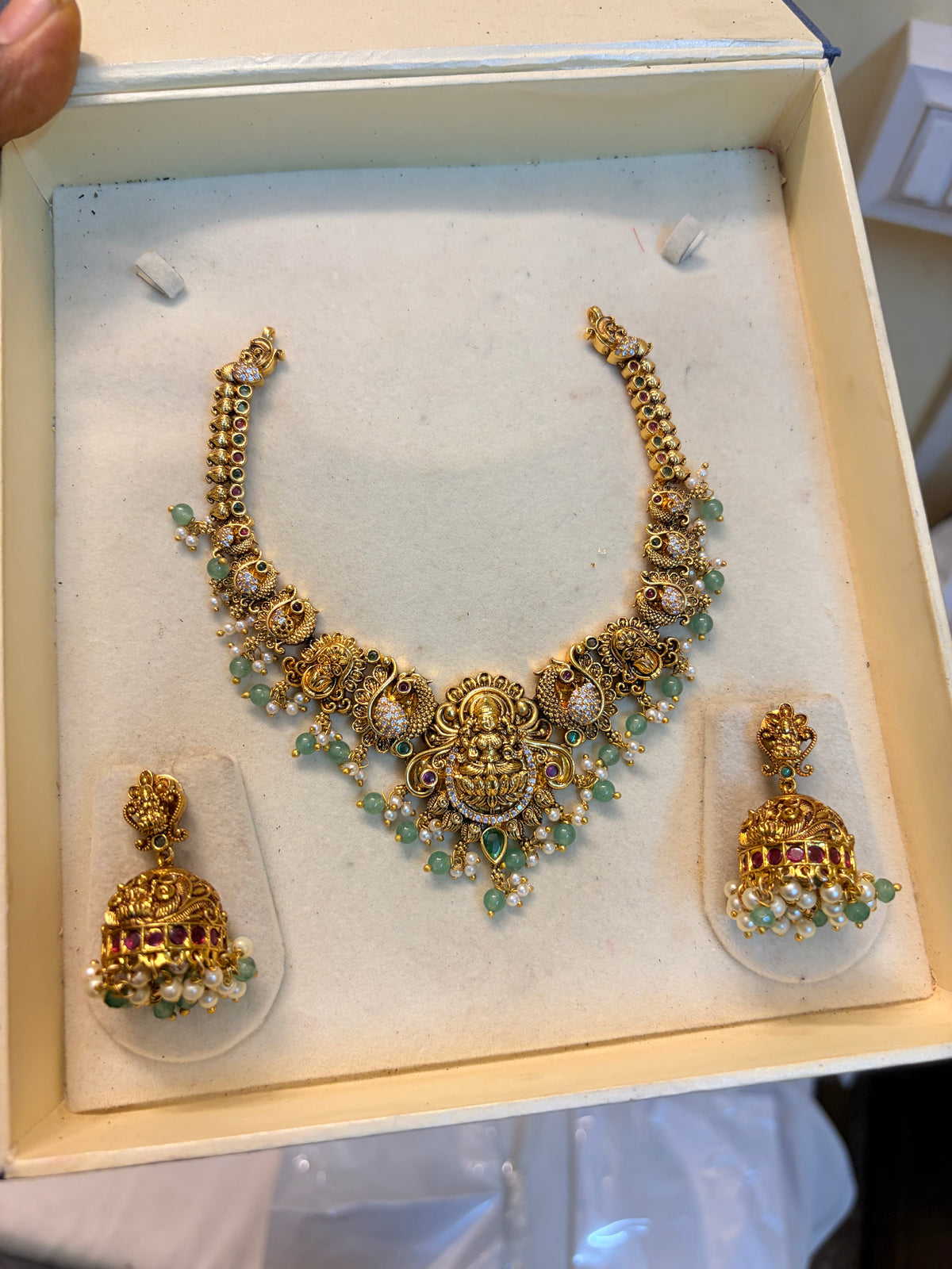 Gold antique peacock Lakshmi jadau necklace set