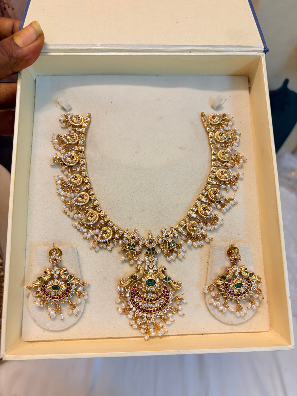 Antique Gold peacock necklace set with pearl hanging
