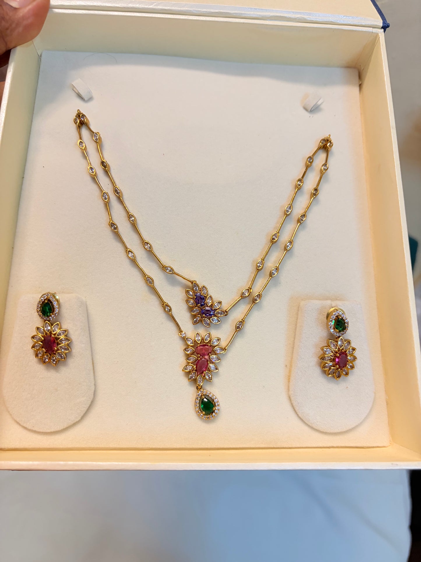 Dual layer ruby emerald necklace set