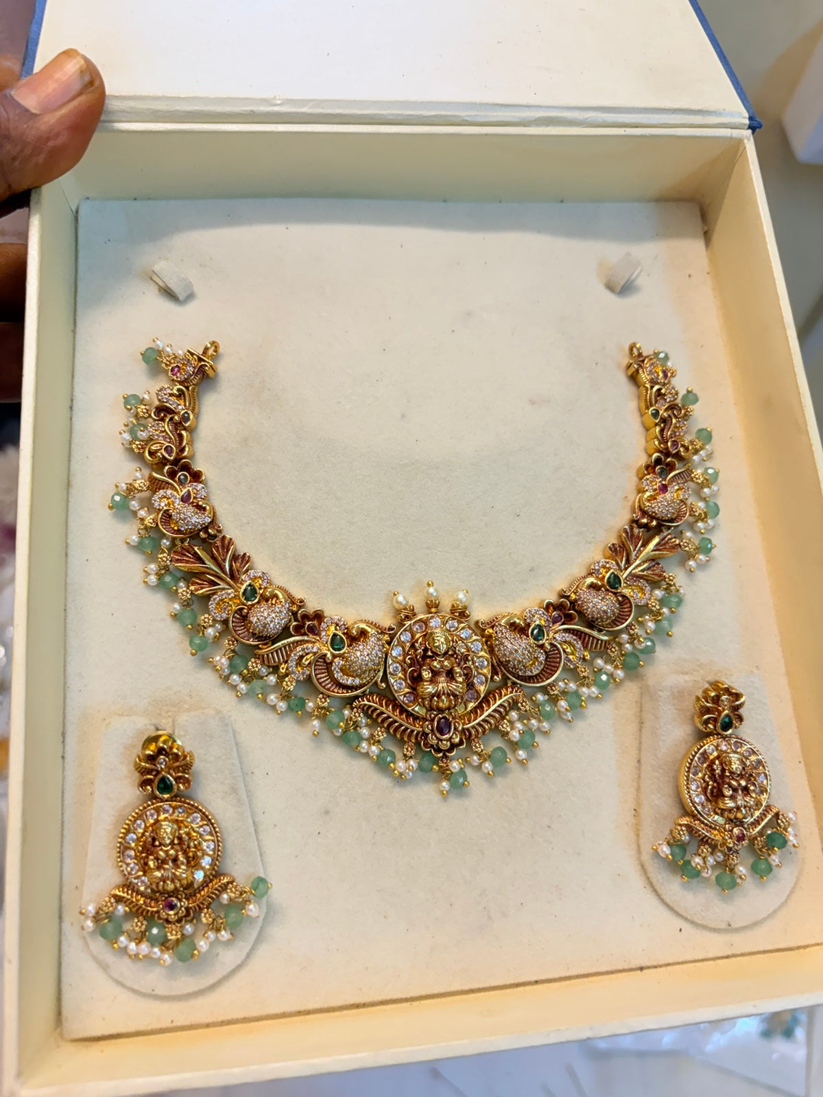 Antique Gold Lakshmi Peacock Nakshi Necklace Set with Green Beads & Matching Earrings