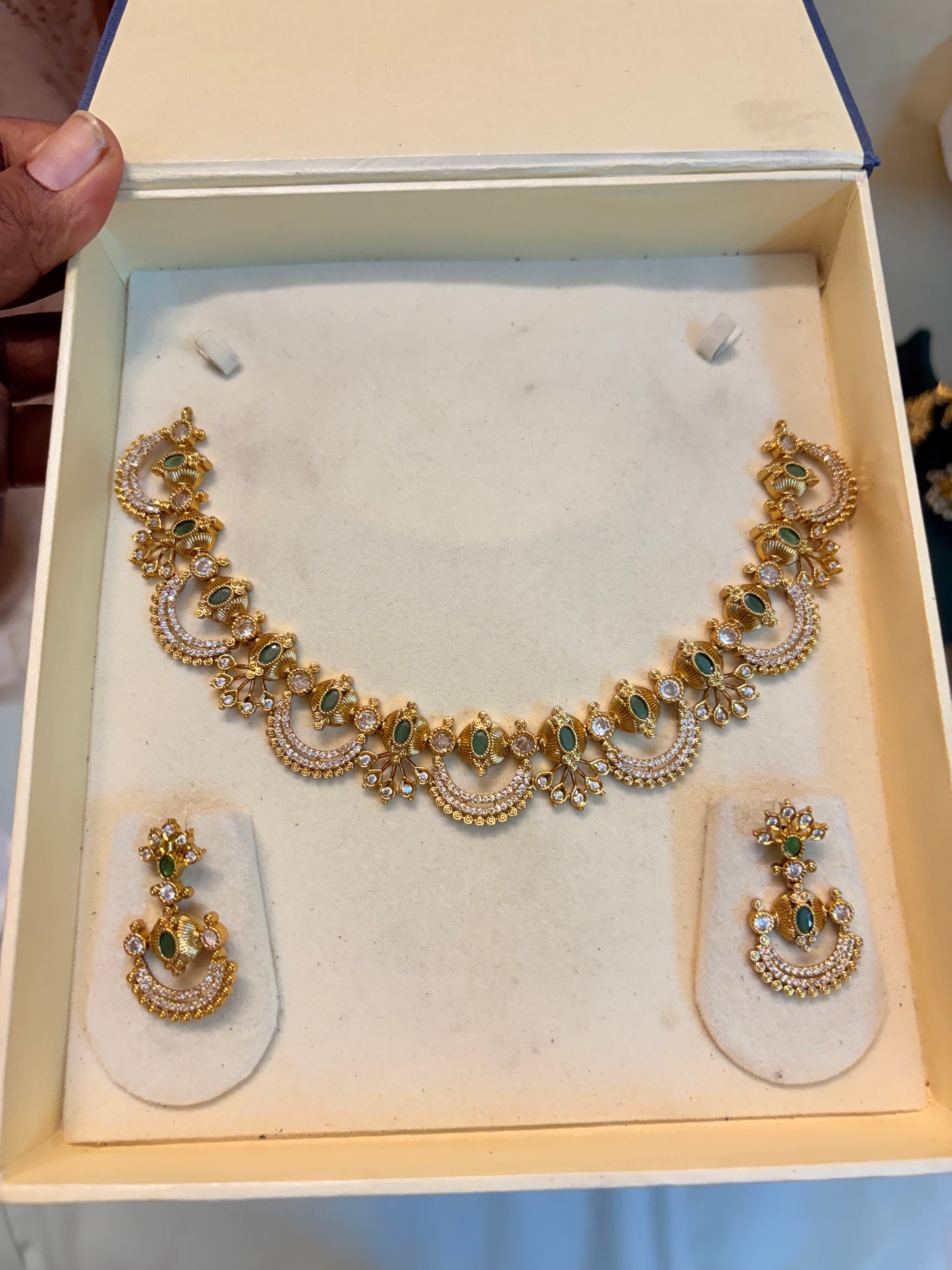 Emerald Cz gold antique finish jadau necklace set