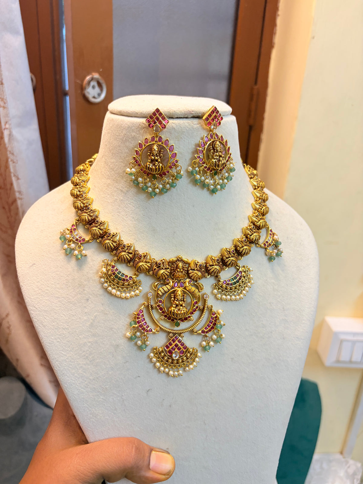 Antique Lakshmi Nakshi Kemp Stone Necklace Set with Pearl & Green Bead Drops