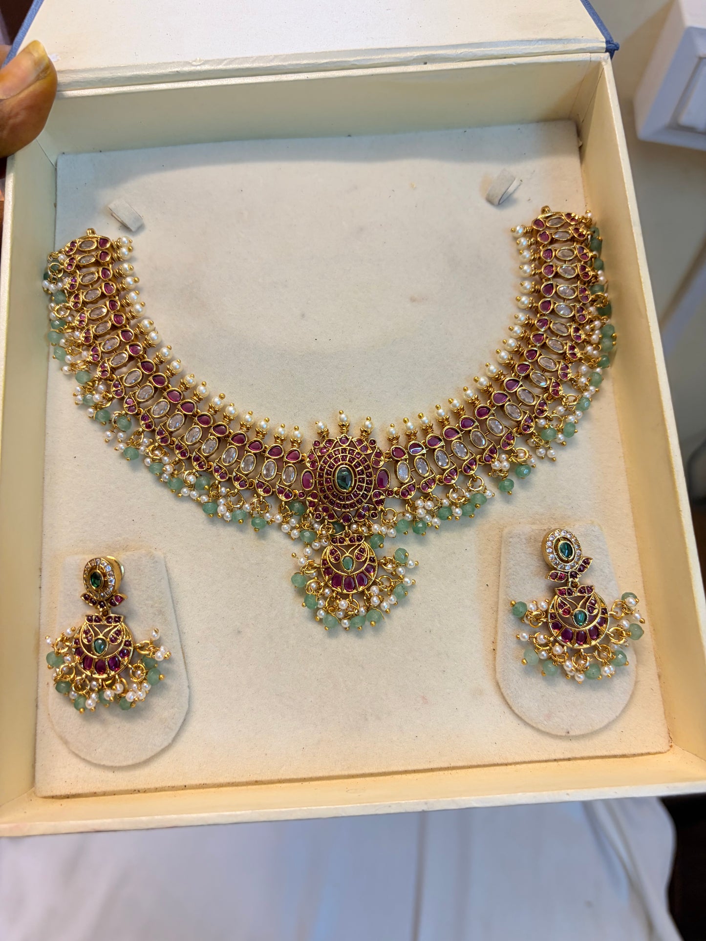Real kemp stones jadau necklace set premium quality