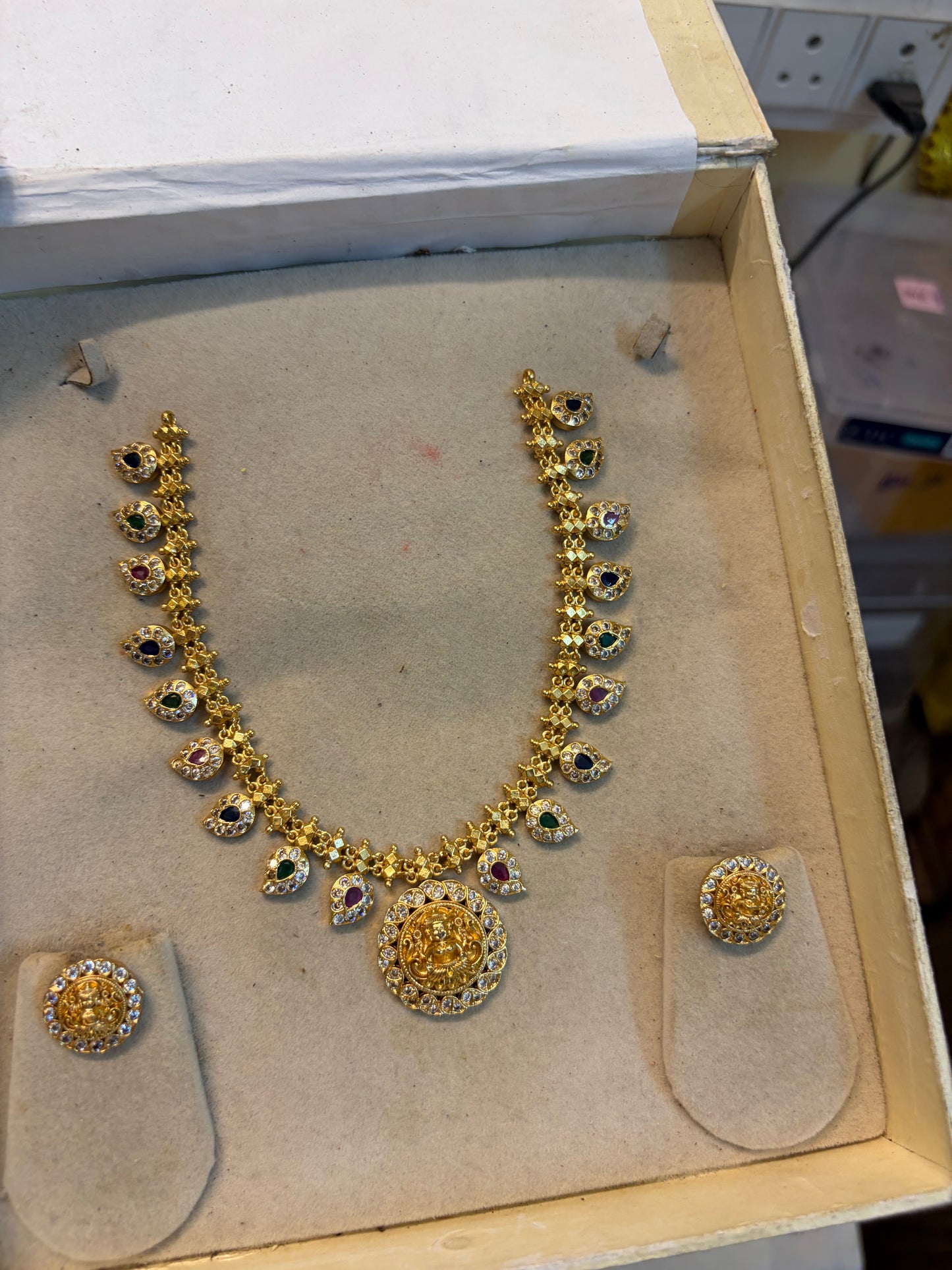 Cz stone gold plated Lakshmi necklace set