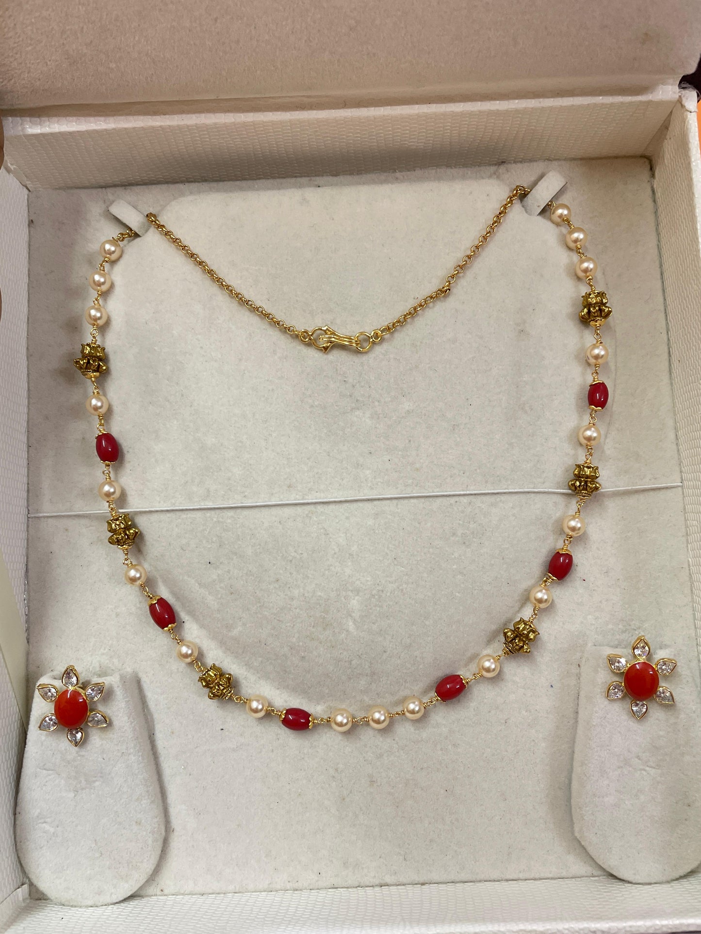 Handmade coral Swarovski pearls chain with earrings premium quality