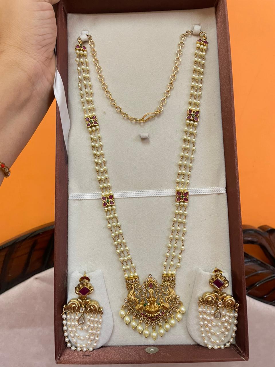 Gold antique finish pearl haram with earrings