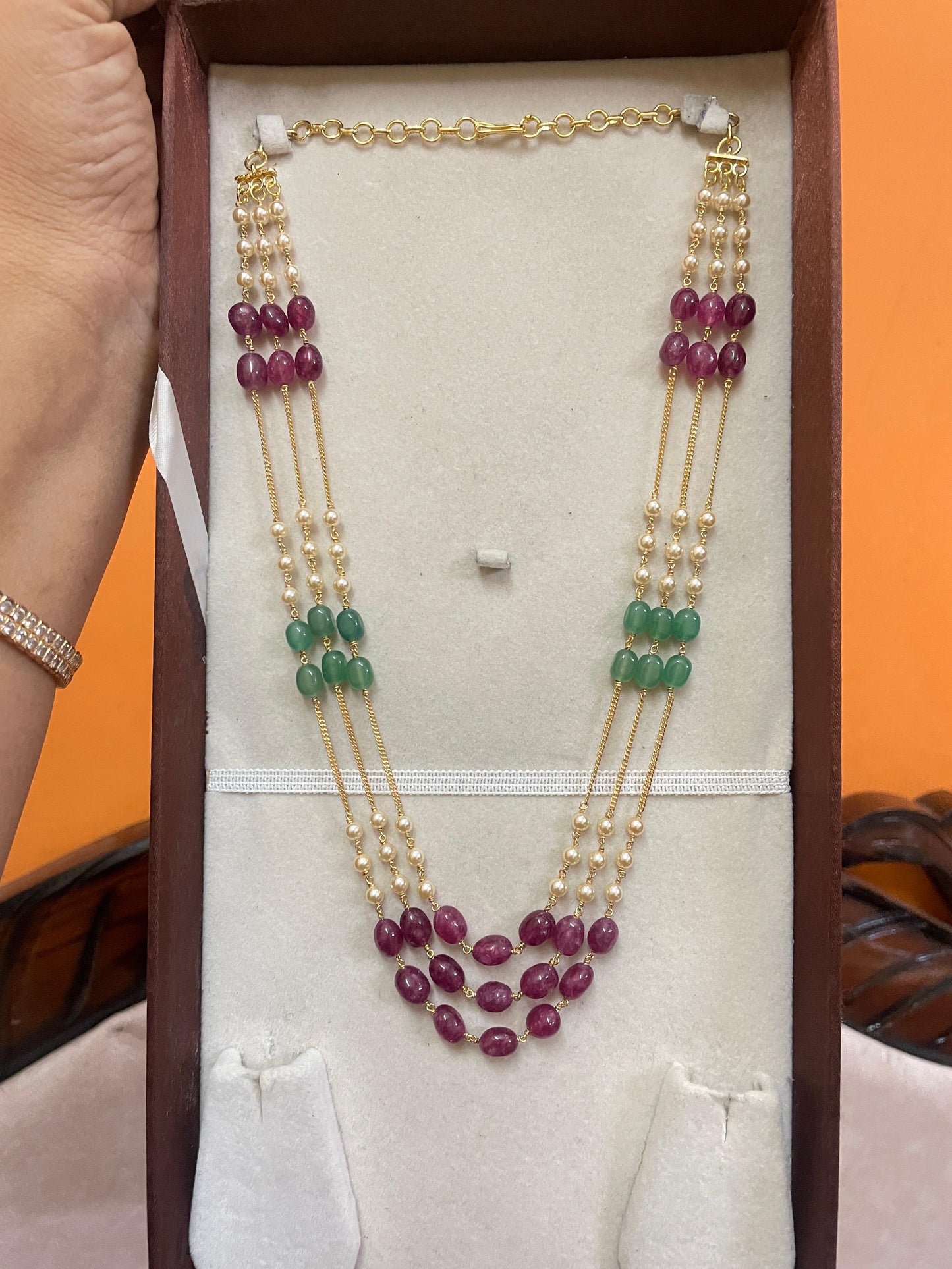 Triple layer beads chain with ruby and strawberry beads