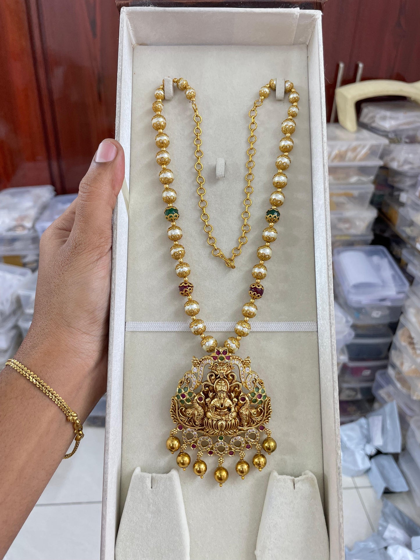 Lakshmi locket with Swarovski pearls chain