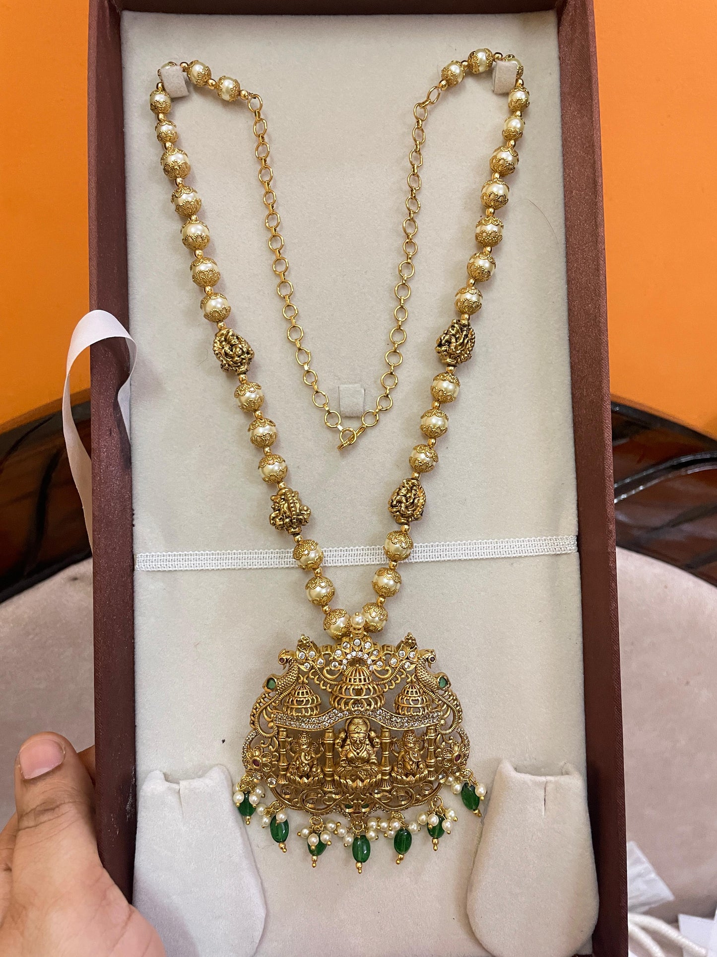 Traditional lakshmi pendant Swarovski pearl chain