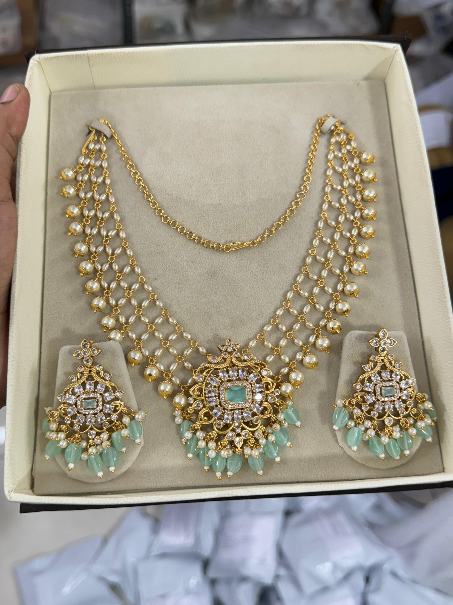 Mint green cz locket with pearl zali chain