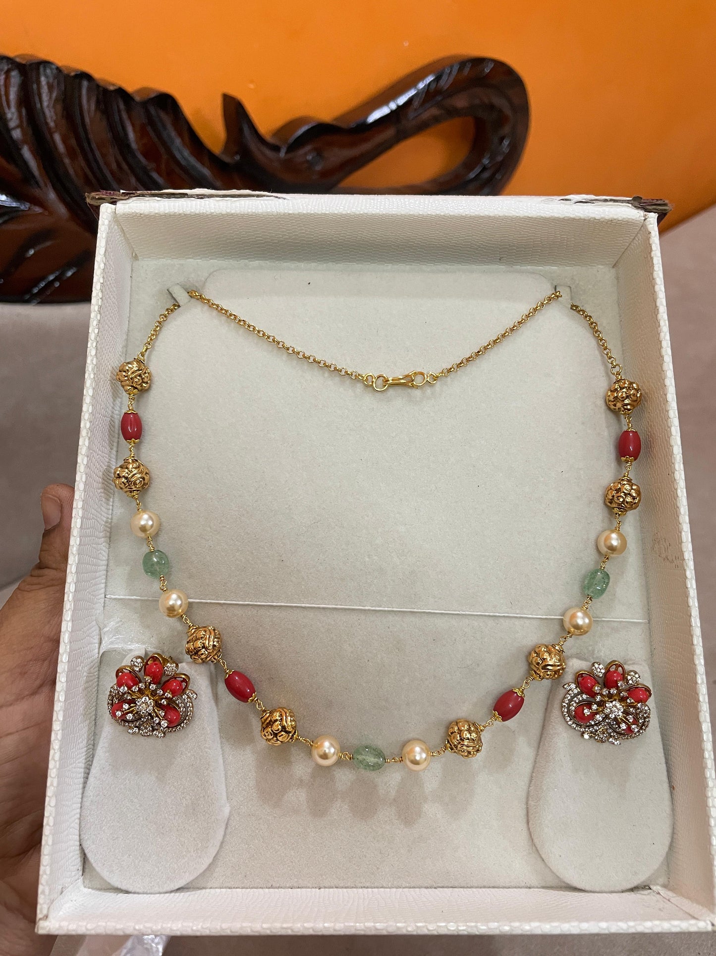 Coral nakshi pearl chain with studs