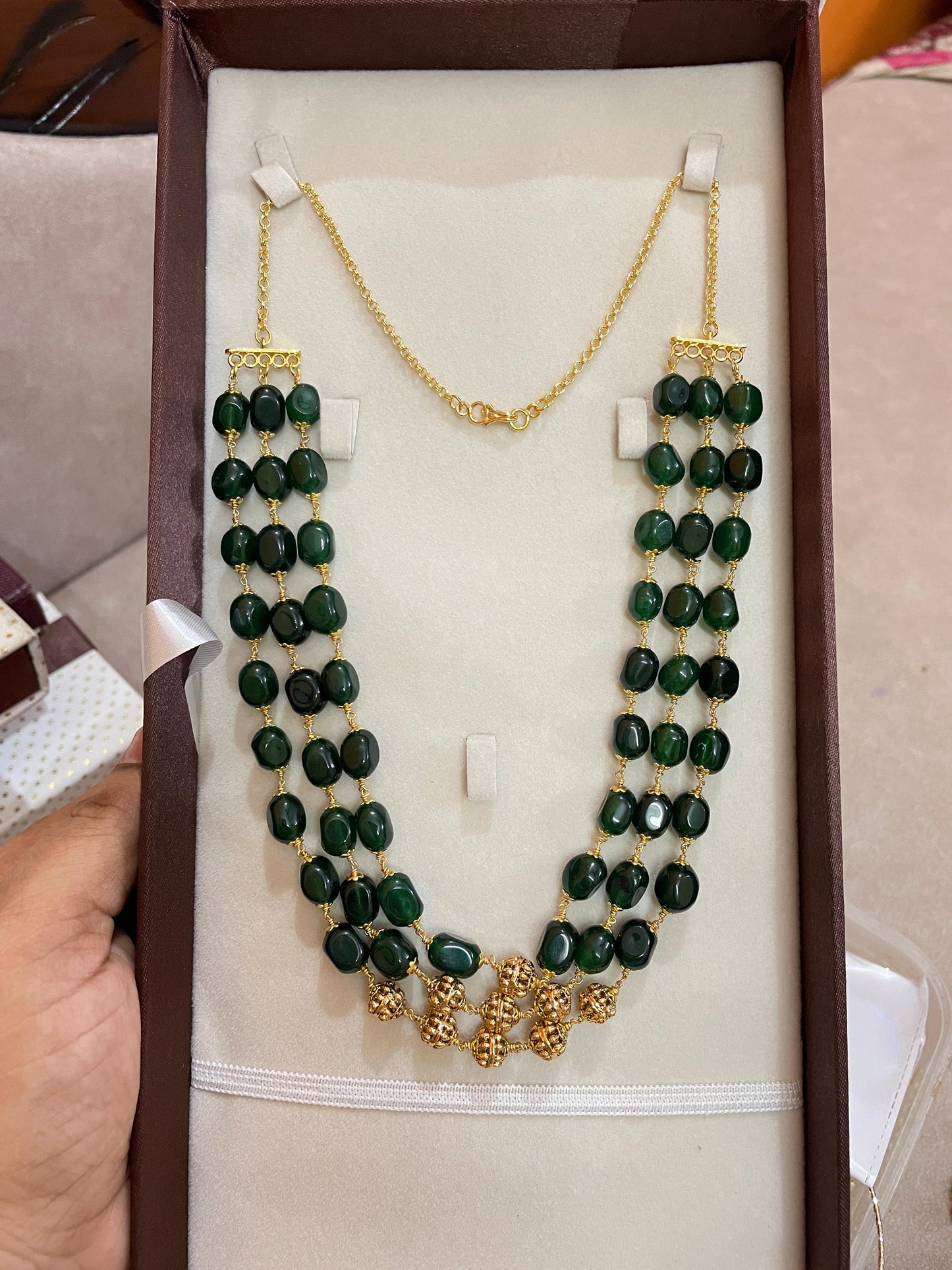 Triple layer emerald beads chain 16 to 18 inches