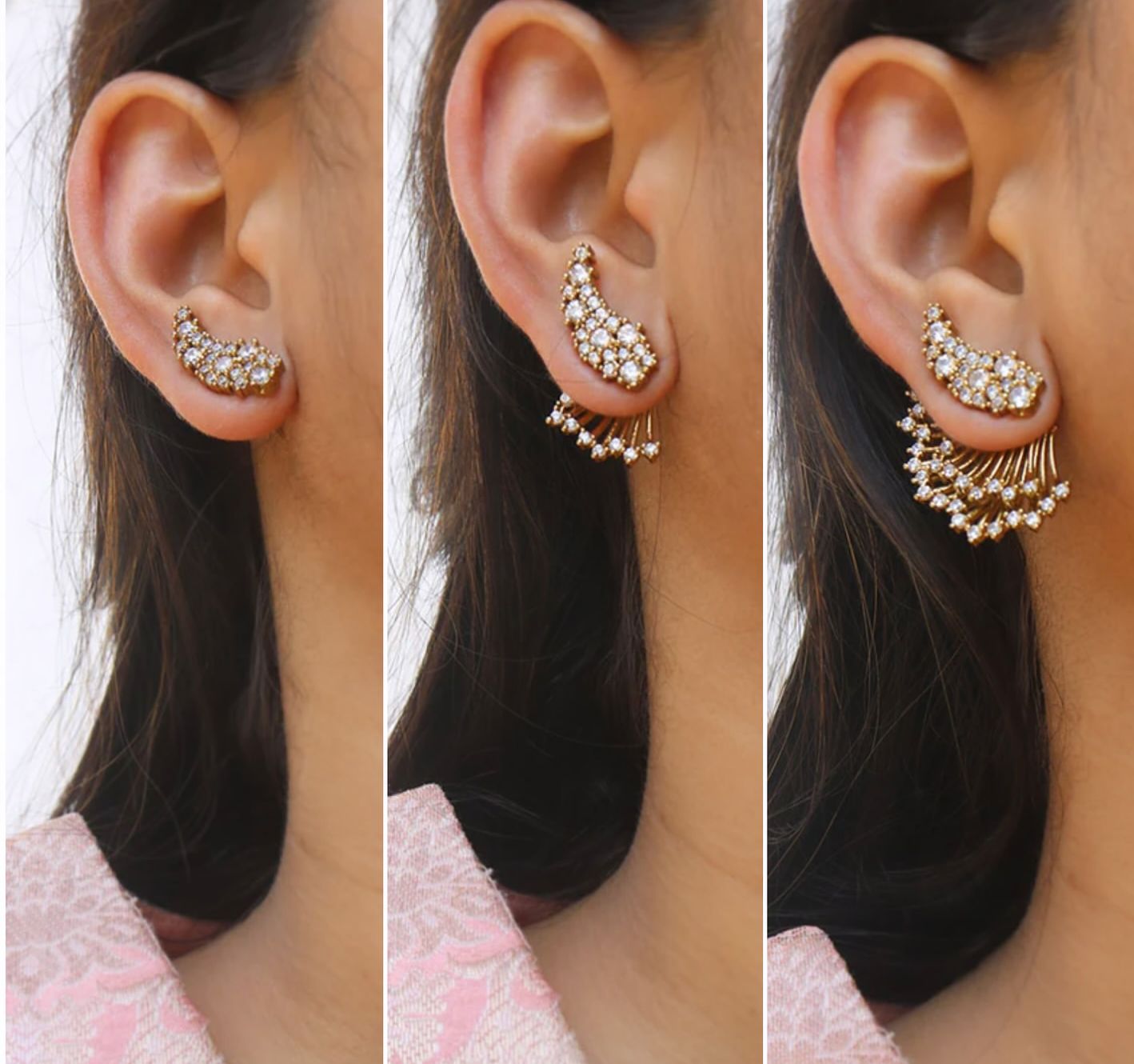 3-in-1 adjustable crystal earrings with detachable danglers