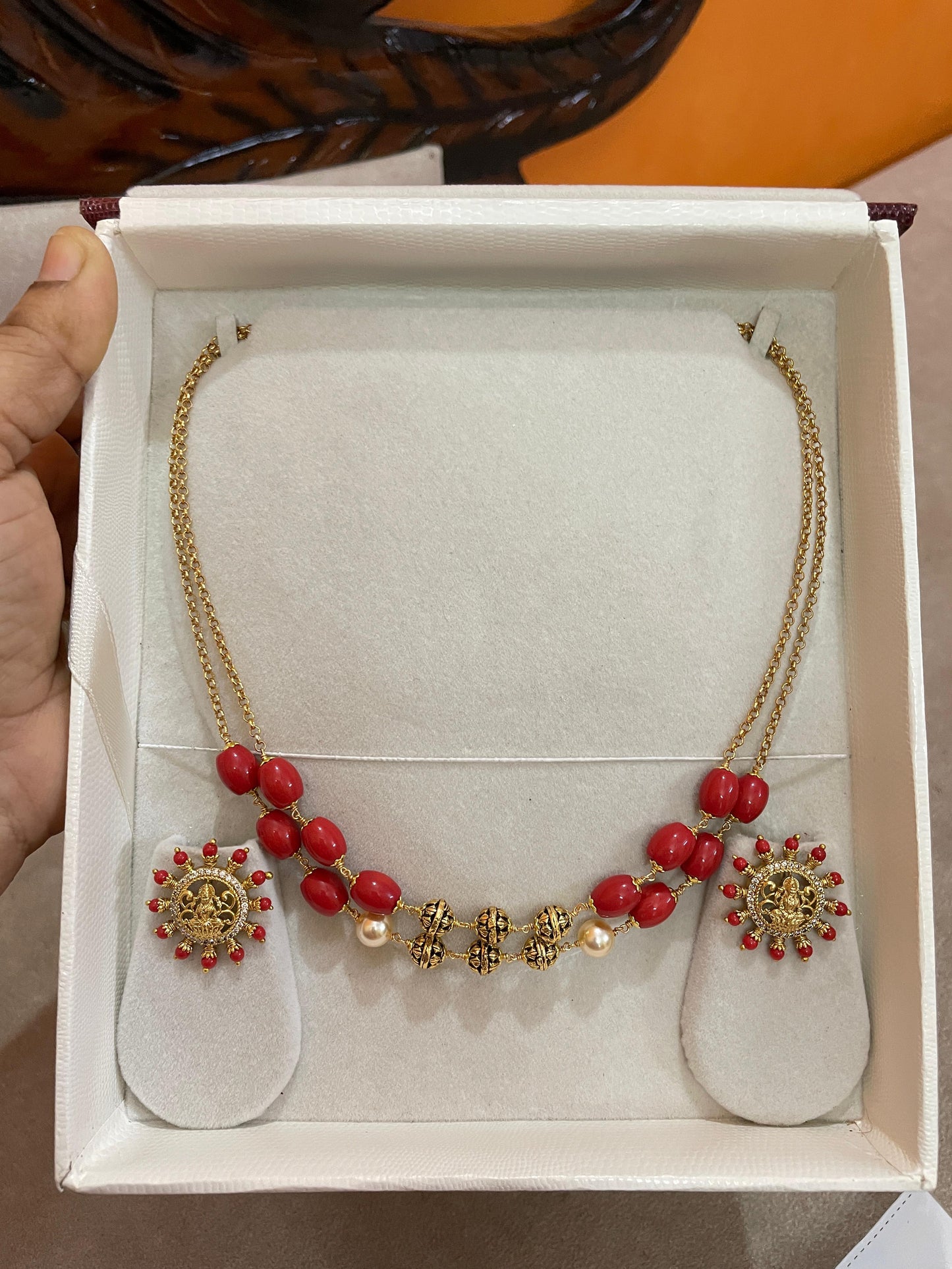 Coral nakshi chain with lakshmi stud