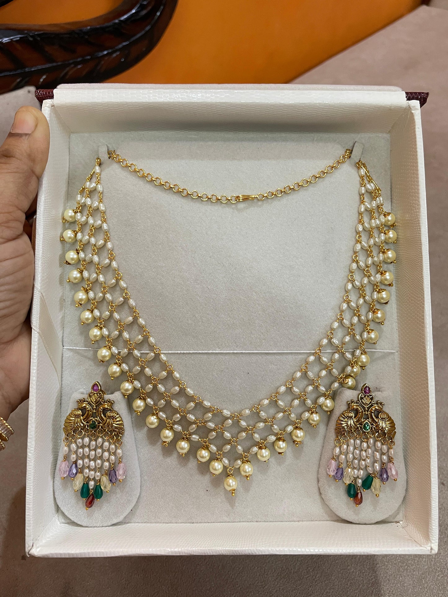 Handmade pearl zali chain with 3 colour earrings