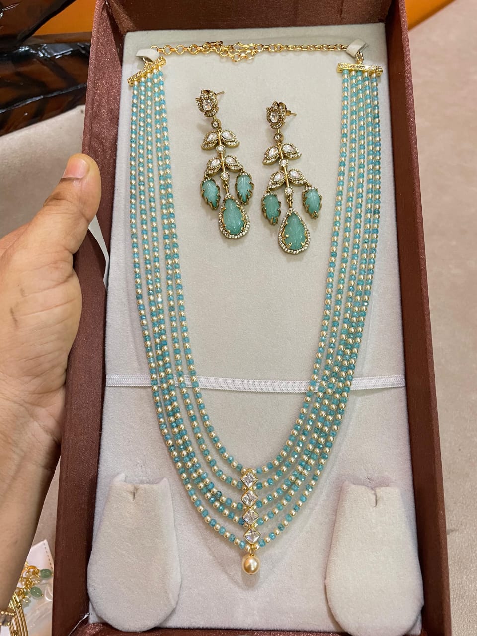 Exquisite multilayer Aqua beads haram with statement earrings