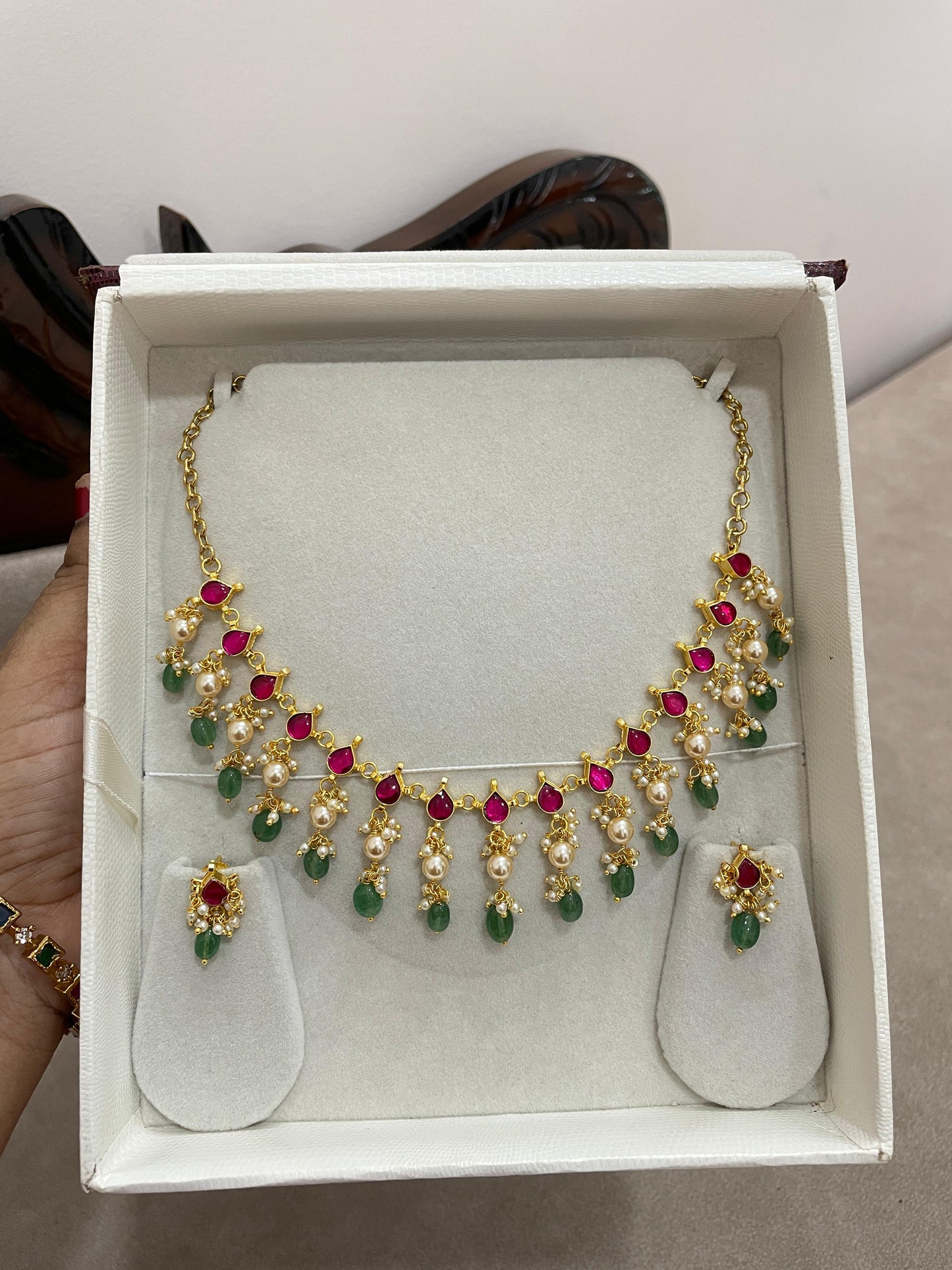 Festive charm ruby pearl necklace set
