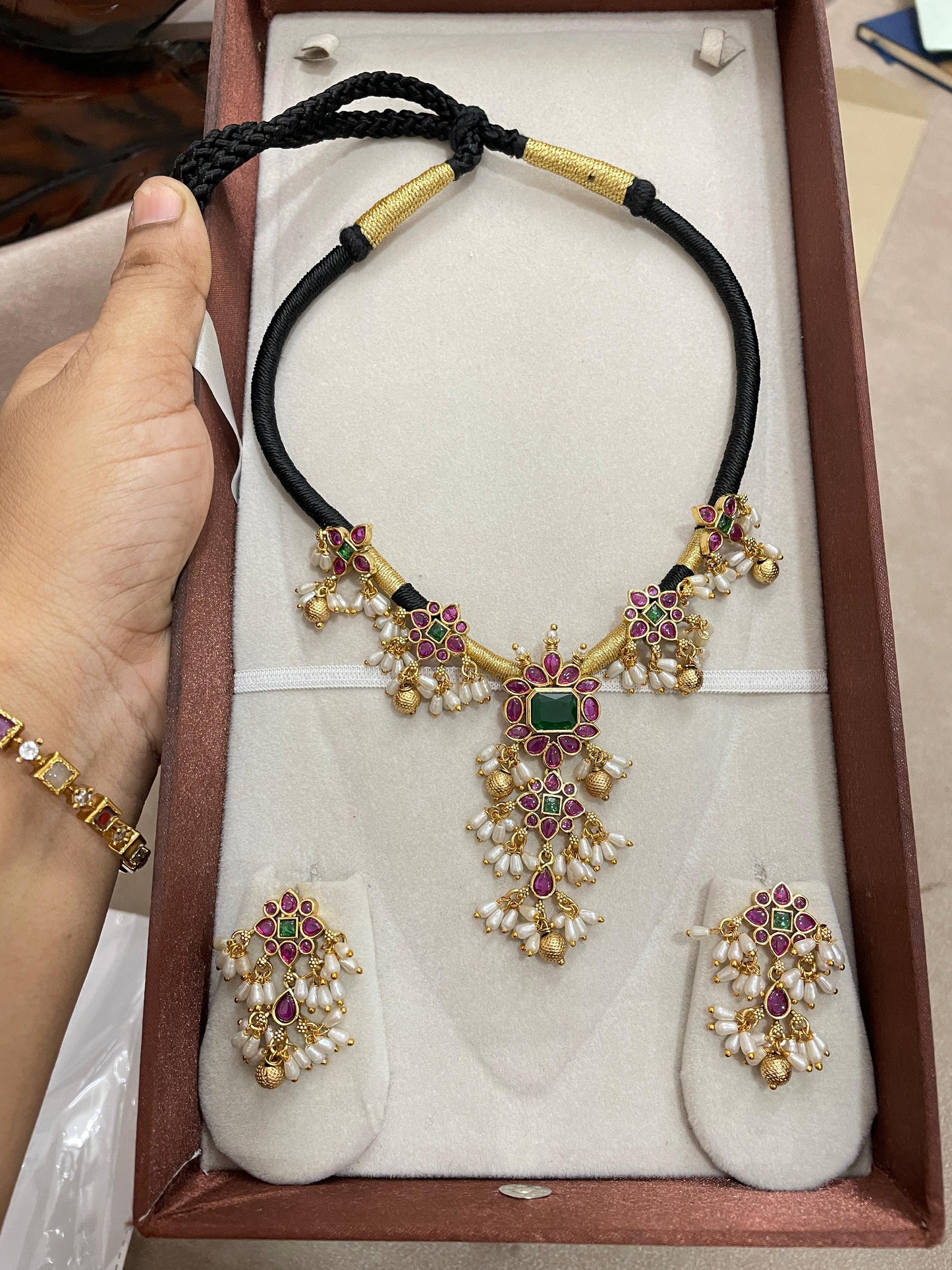 Antique ruby emerald black dori necklace set with pearl detailing