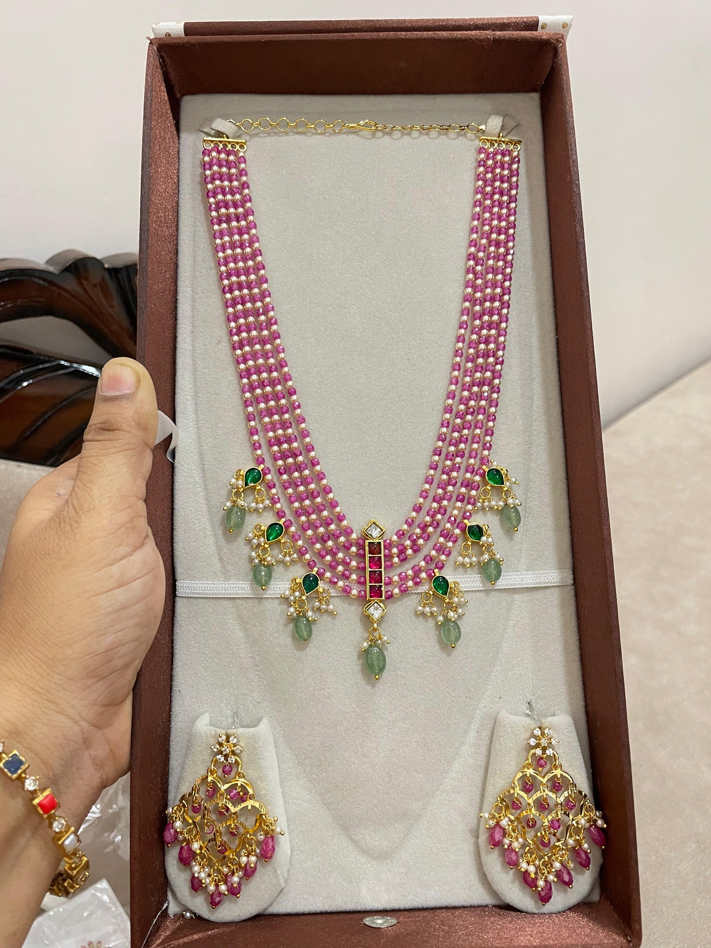 Festive glow pink natural beads semiharam with earrings