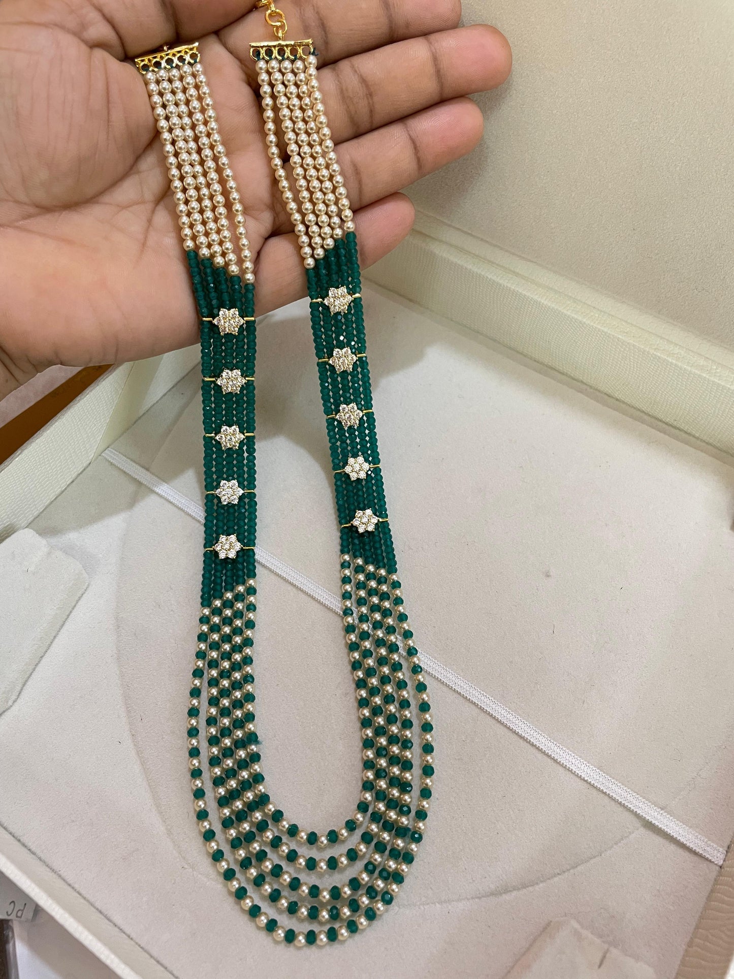 Handcrafted Emerald Green Beads haram with cz accents