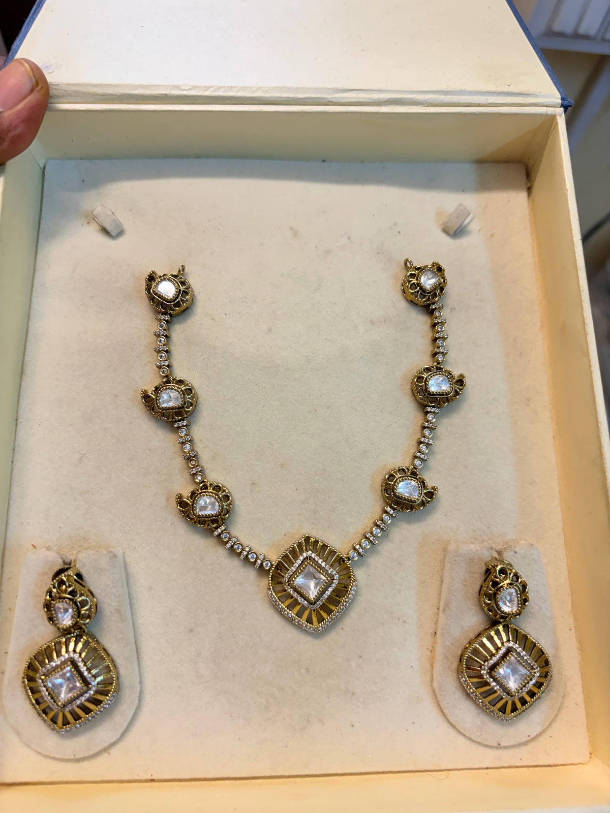 Moissanite carved jadau necklace set premium quality