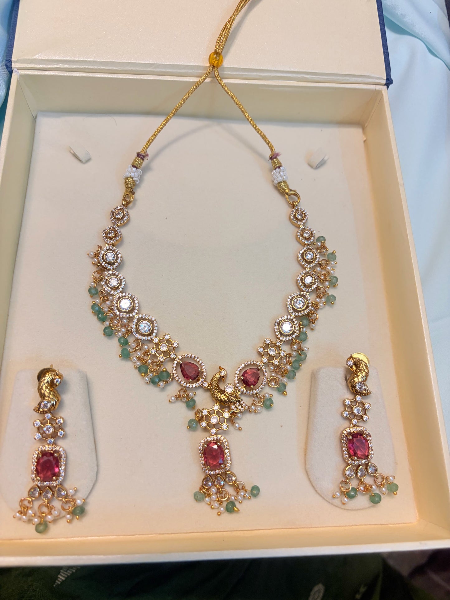 Vintage Ruby & Mint Green Peacock Necklace set