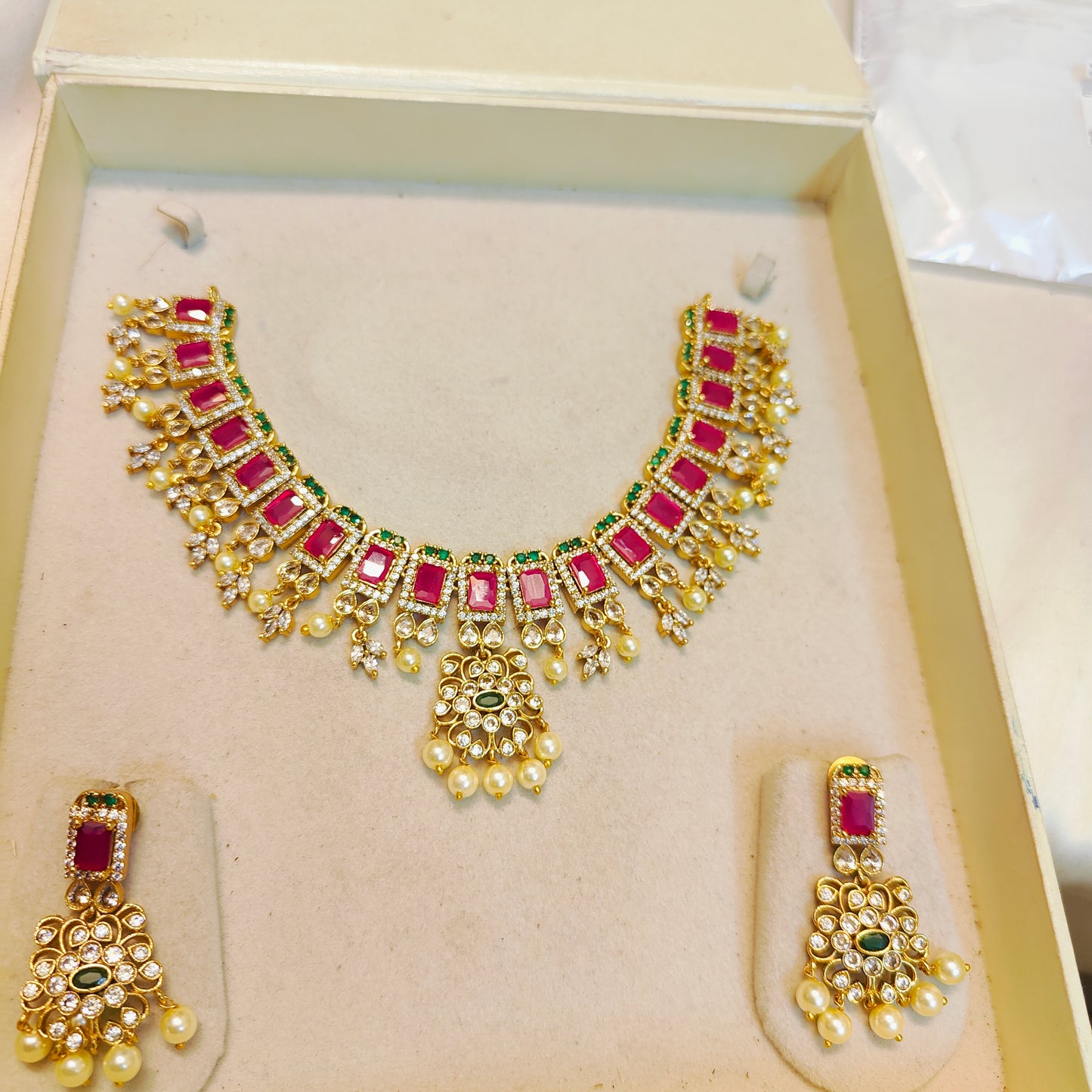 Cz stone gold plated jadau necklace set premium quality
