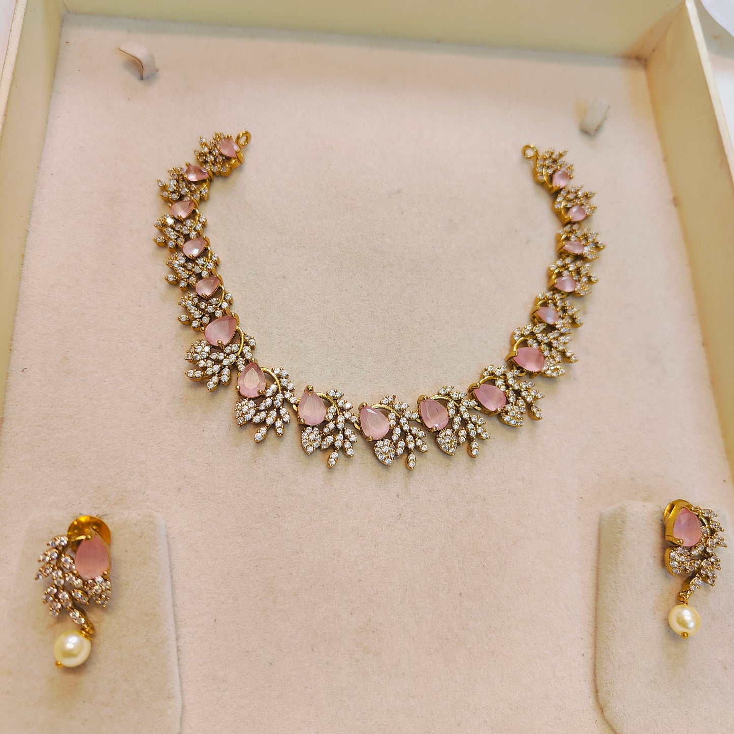 Pink cz stone leaf necklace set