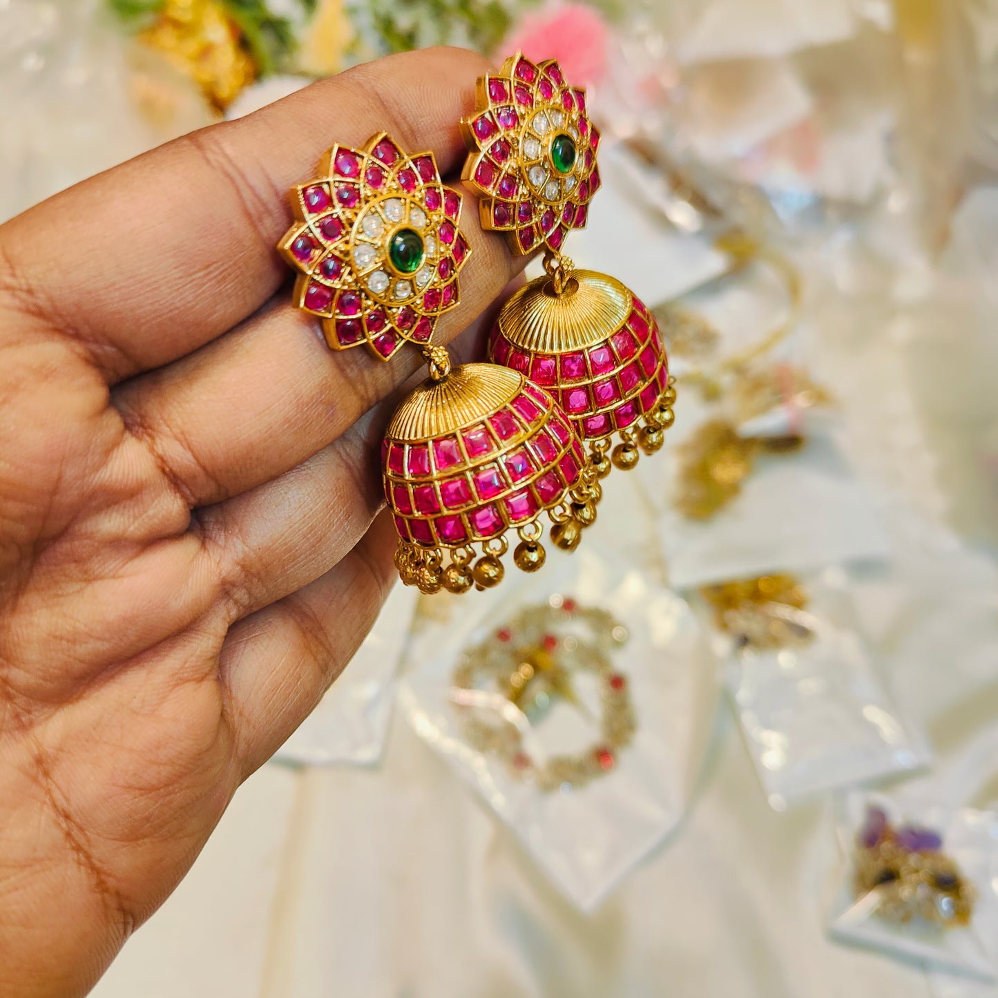 Real Kemp stones gold antique finish jhumka premium quality